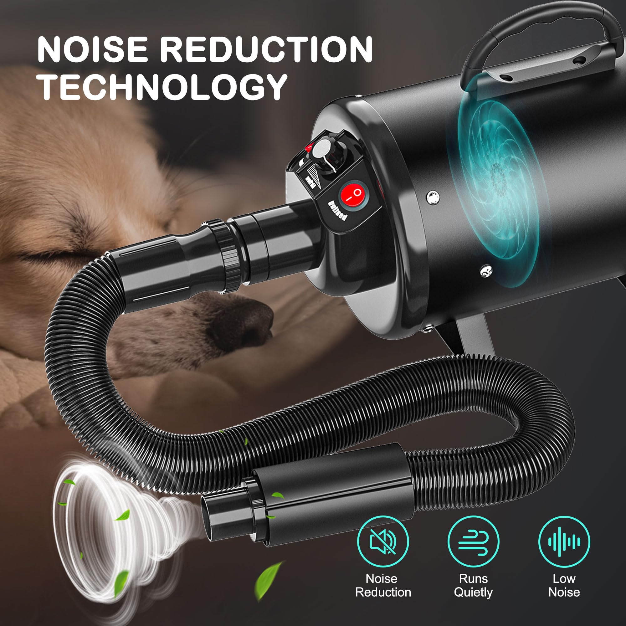 Nova Microdermabrasion Dog Dryer, High Velocity Pet Hair Force Dryer, Professional Pet Grooming Blower Dryer With 3 Nozzles Heater Air Speed For Grooming
