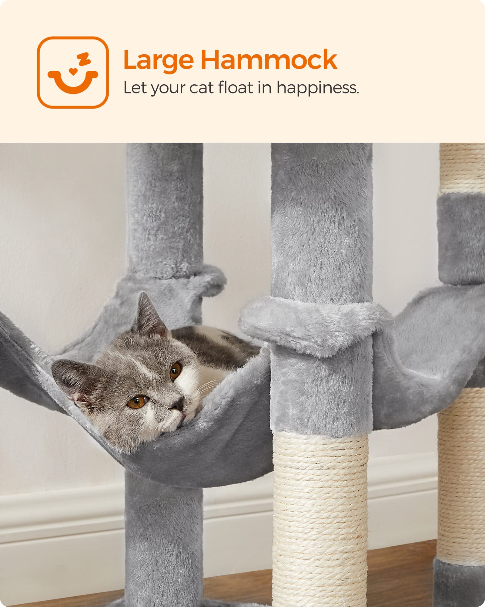 Feandrea Cat Tree, 56.3-Inch Cat Tower For Indoor Cats, Multi-Level Cat Condo With 4 Scratching Posts, 2 Perches, Hammock, Cave, Light Gray Upct161W01