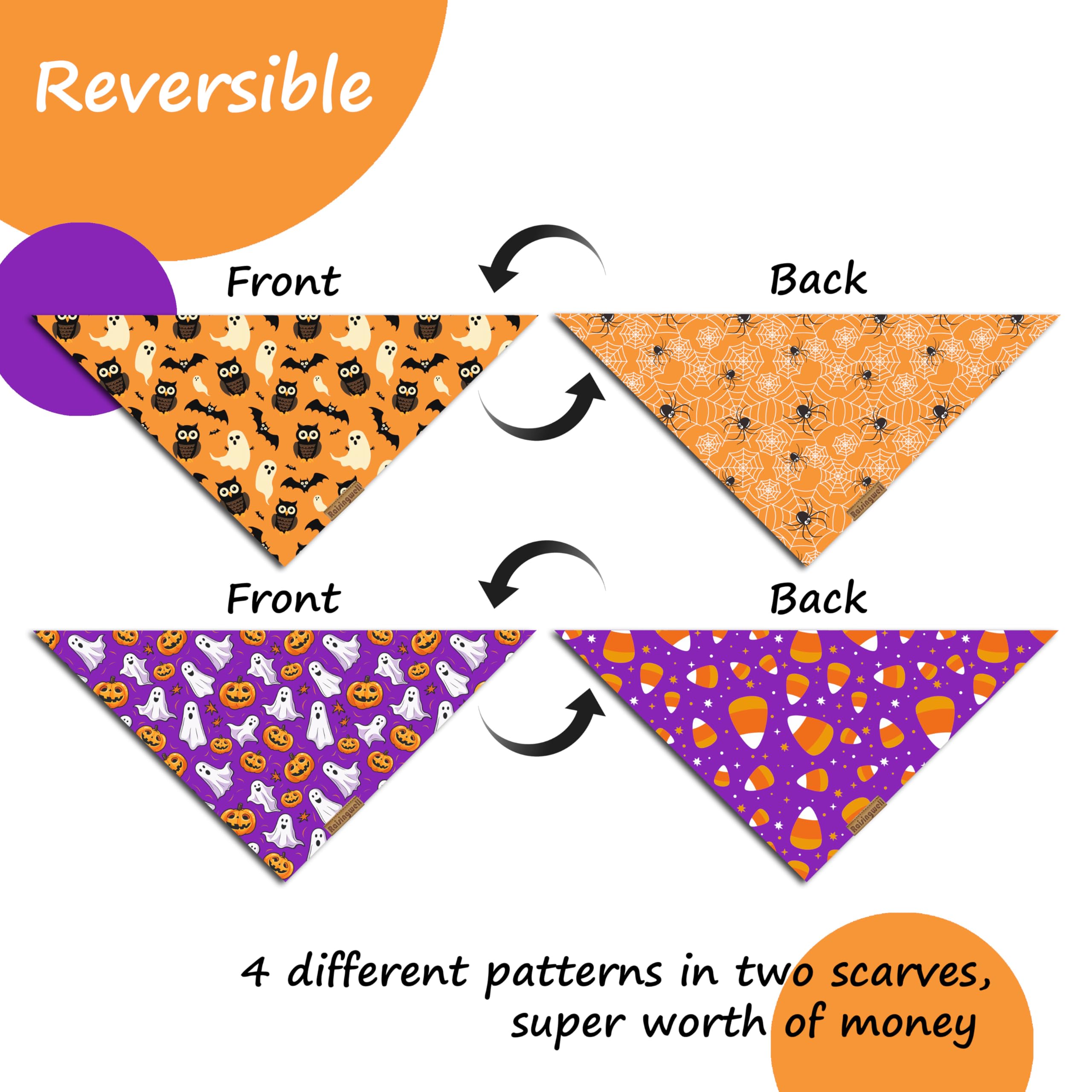 Raisingwell Halloween Dog Bandanas 2 Pack 4 Pattern Ghost Spider Pumpkincandle Bibs Reversible Washable Durable Fall Scarf Suita