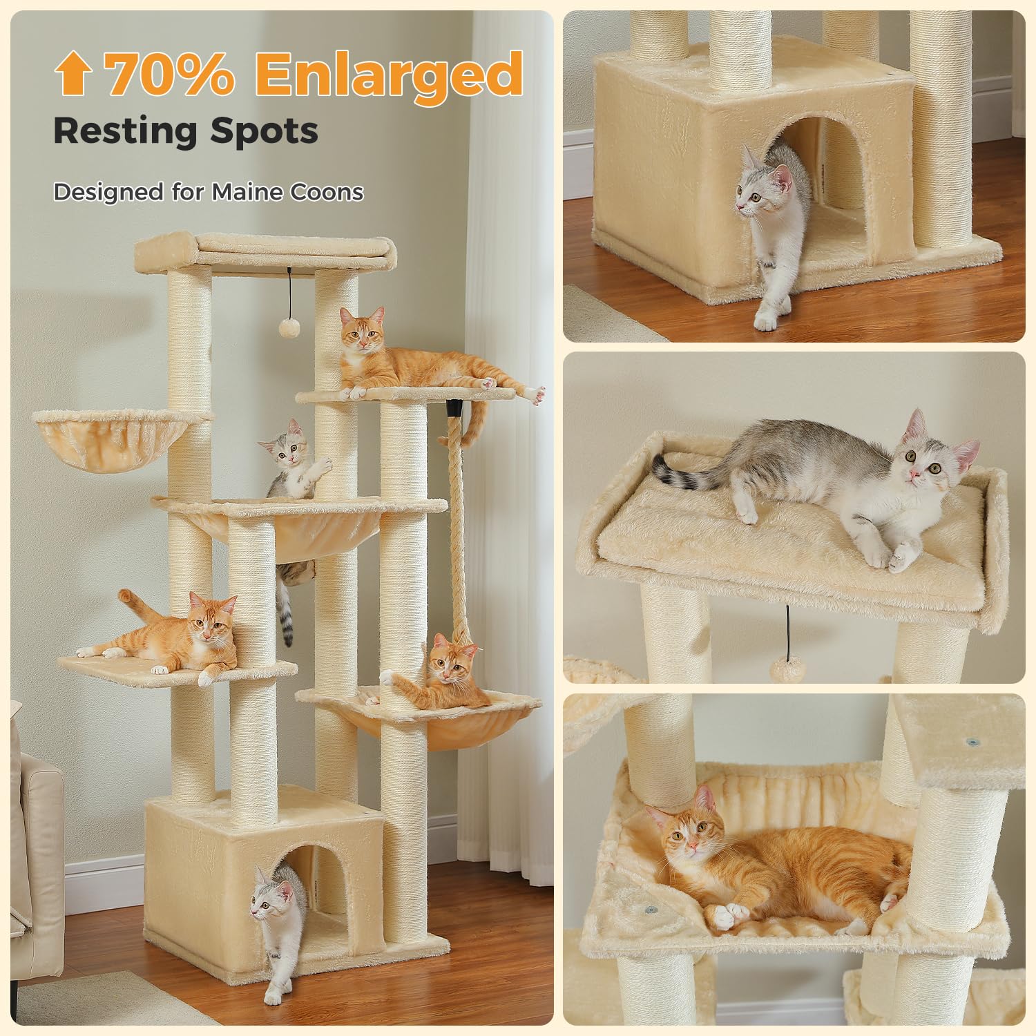 MUTTROS Large Cat Tree - 67 Tall Cat Tower for Large Cats, Beige, Multi-Level Condo with 13 Sisal Scratching Posts, Perch & Hammocks