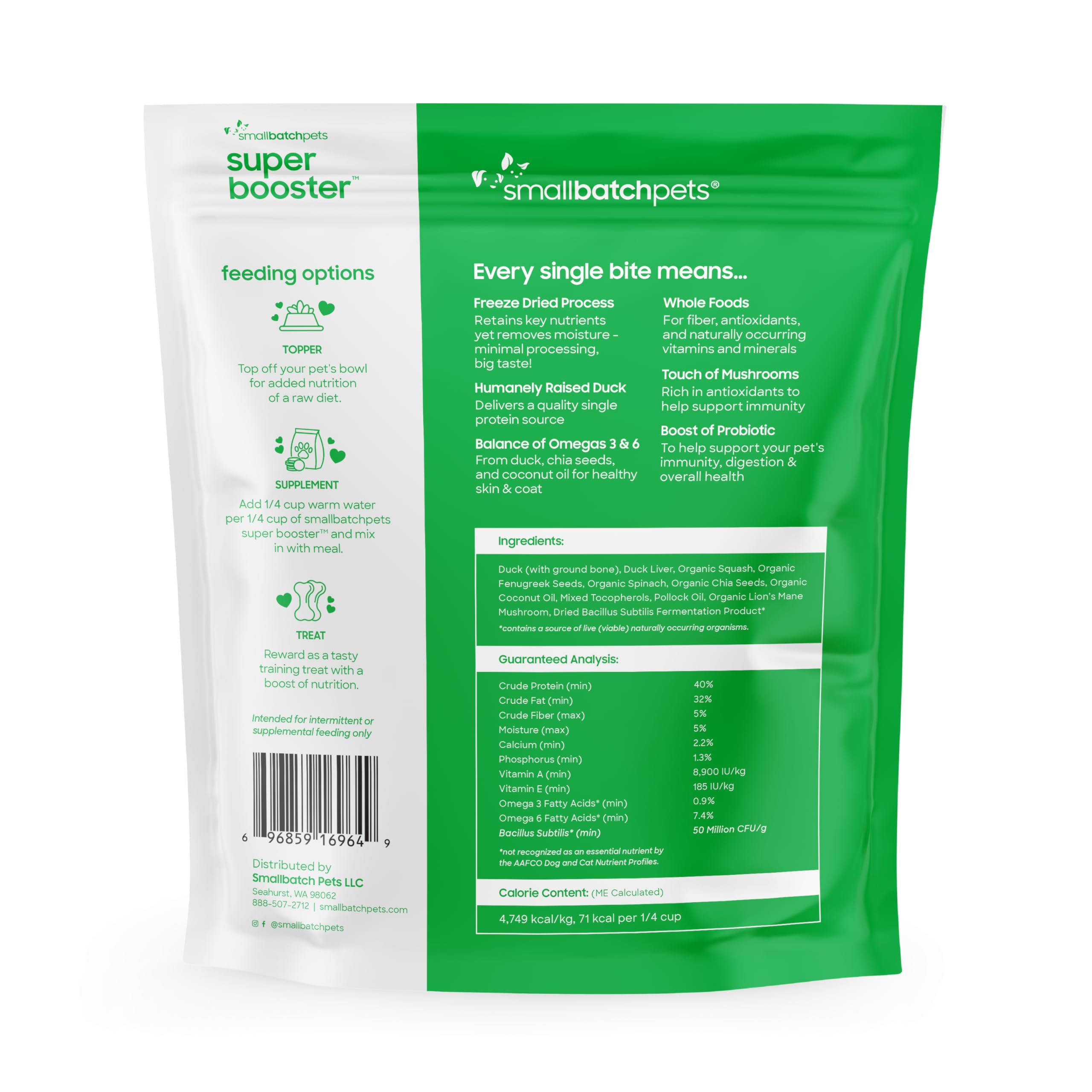 smallbatch Pets Freeze-Dried Super Booster Duck Bites for Dogs & Cats, 7 oz, Made in The USA, Organic Produce, Humanely Sourced