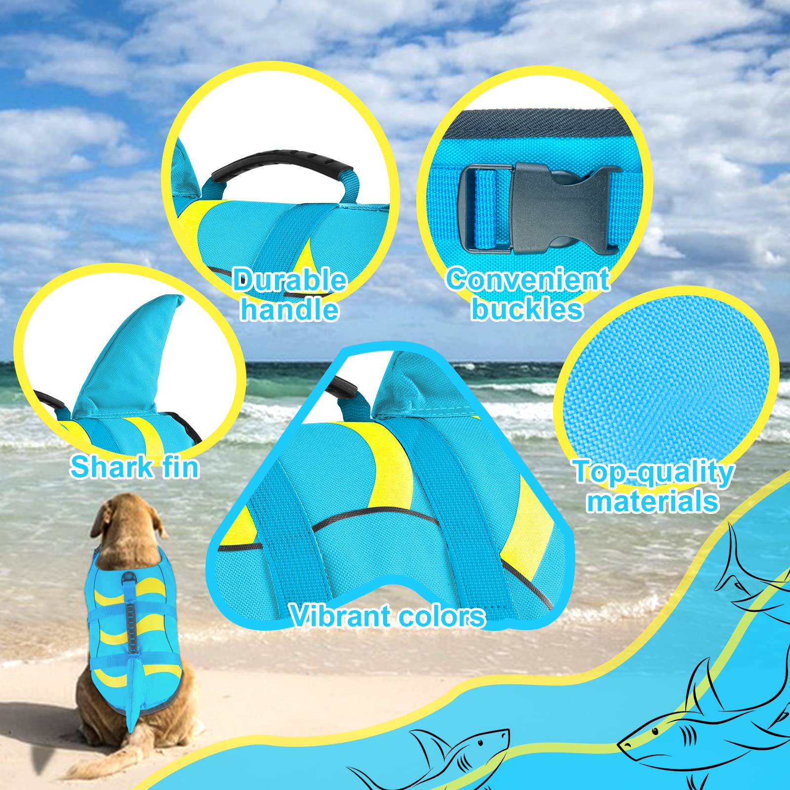 Fragralley Dog Life Jacket Shark, Dog Life Vest Adjustable Ripstop, Dog Swimming Safety Vest With Superior Buoyancy & Rescue Han