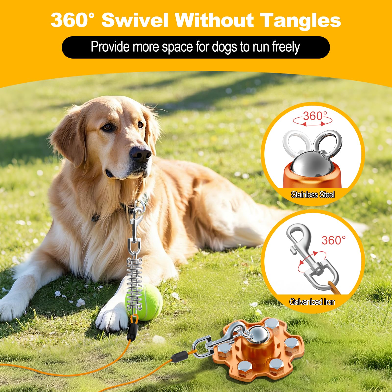 Tivray Dog Tie Out Stake And Cable, 360 Swivel Stake No Tangle, Heavy Duty Tether For Yard With 30 Ft Cable, 6 Screw, Dog Runner