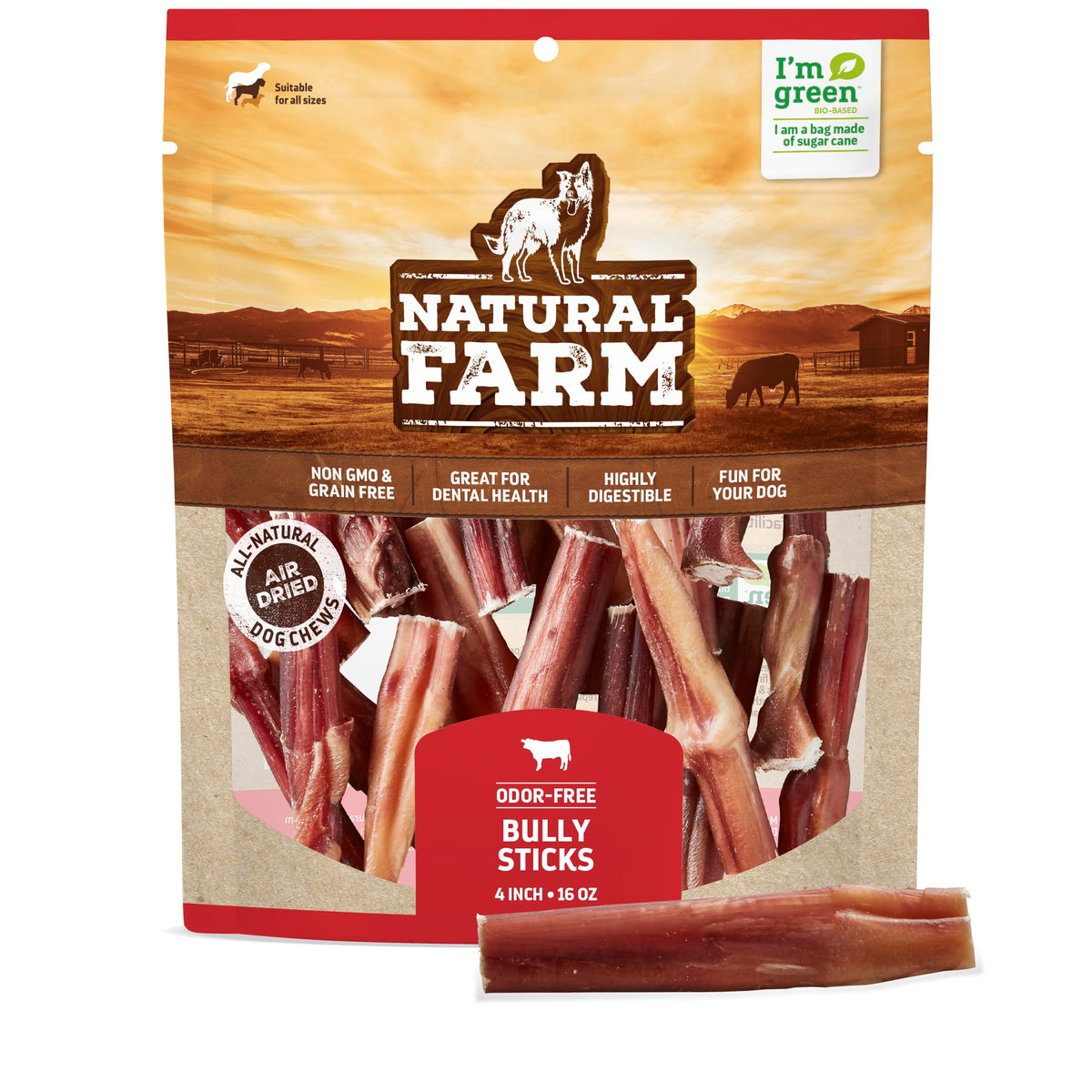 Natural Farm Odor-Free Bully Sticks (4”, 16Oz) All-Natural Long-Lasting Chews, 100% Beef Pizzle, Grass-Fed, Grain-Free, Hormone-Free, Protein For Muscle Development & Energy, Perfect For Small Dogs