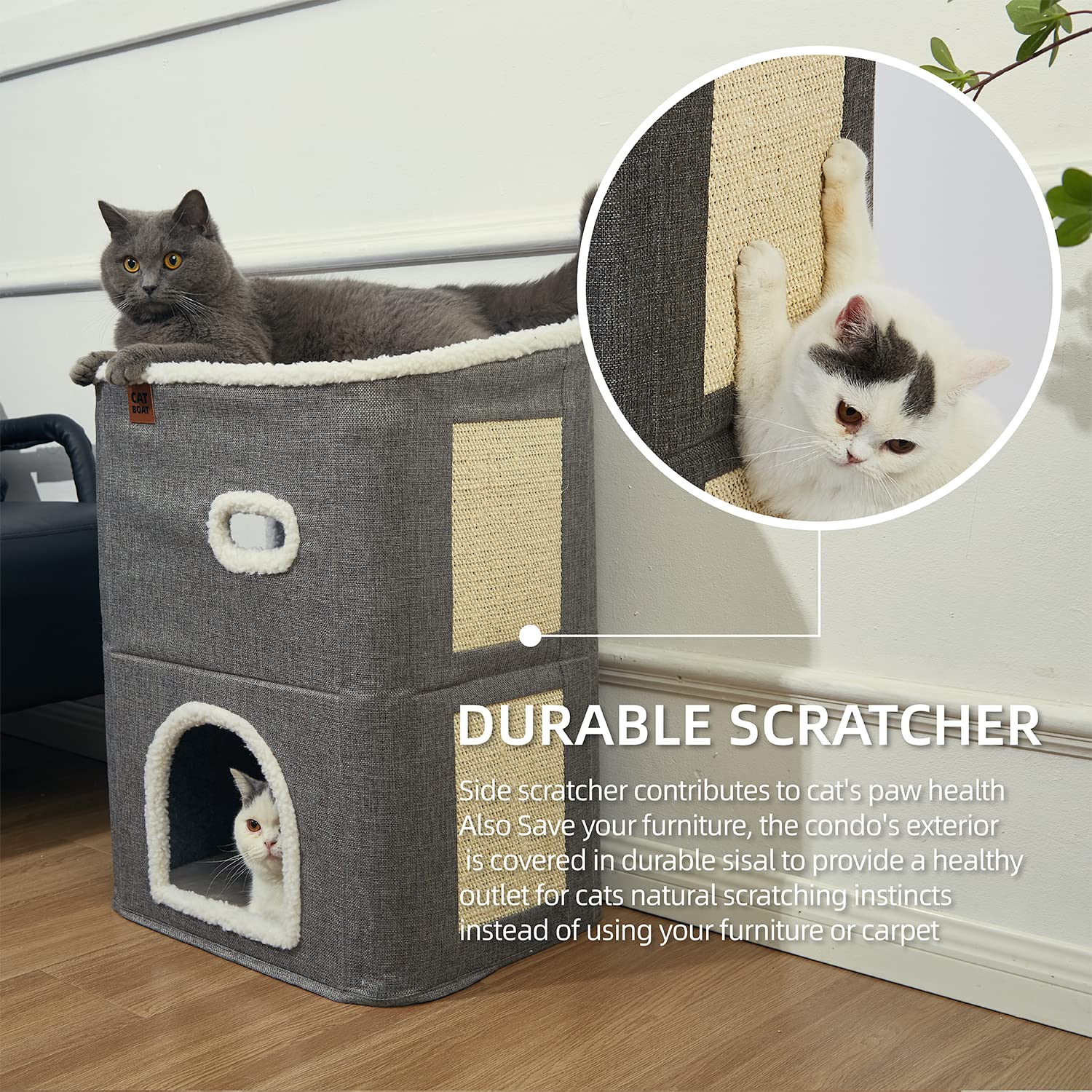Catboat 2-Storey Cat House For Indoor Cats Bed, Covered Beds & Furniture With Scratch Pad And Hideaway Cave, Cute Modern Condo F