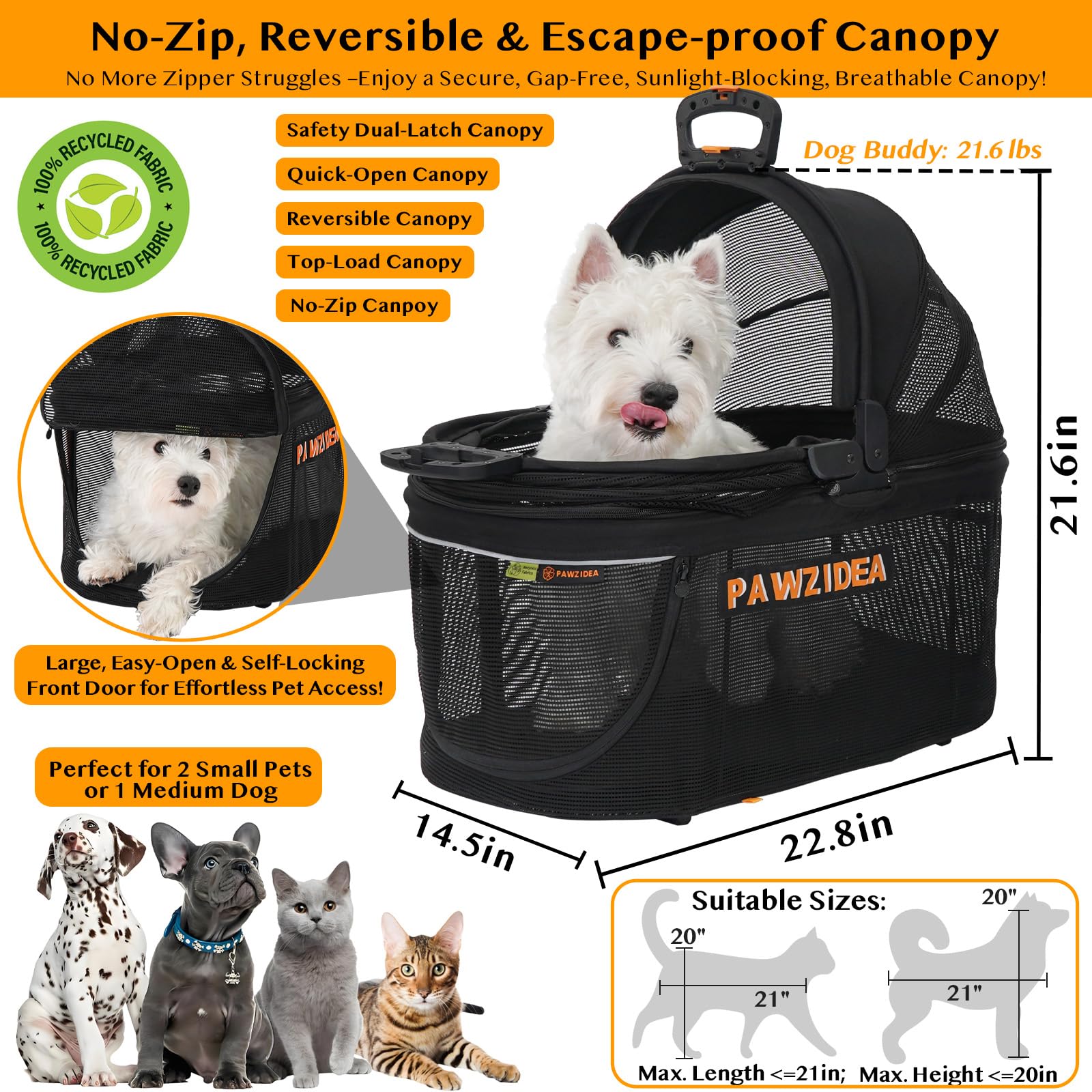Pawzidea Dog Stroller 4 In 1, Pet Stroller For Cats With Detachable Carrier For Small/Medium Dogs/Cats, Seatbelt Car Seat Combo,