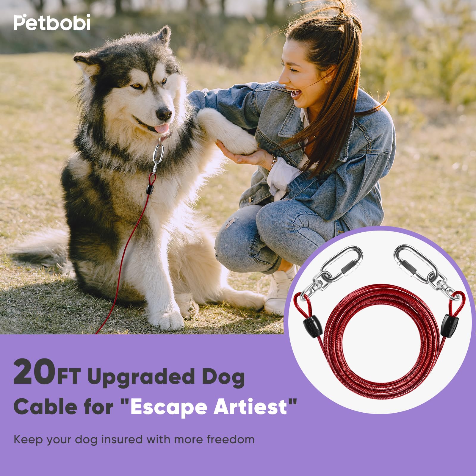 Petbobi Heavy-Duty Dog Tie-Out Cable - 20Ft Extra Strong Wire Cable For Large Pets Up To 300Lbs, Rust Proof Dogs Leash With Cara