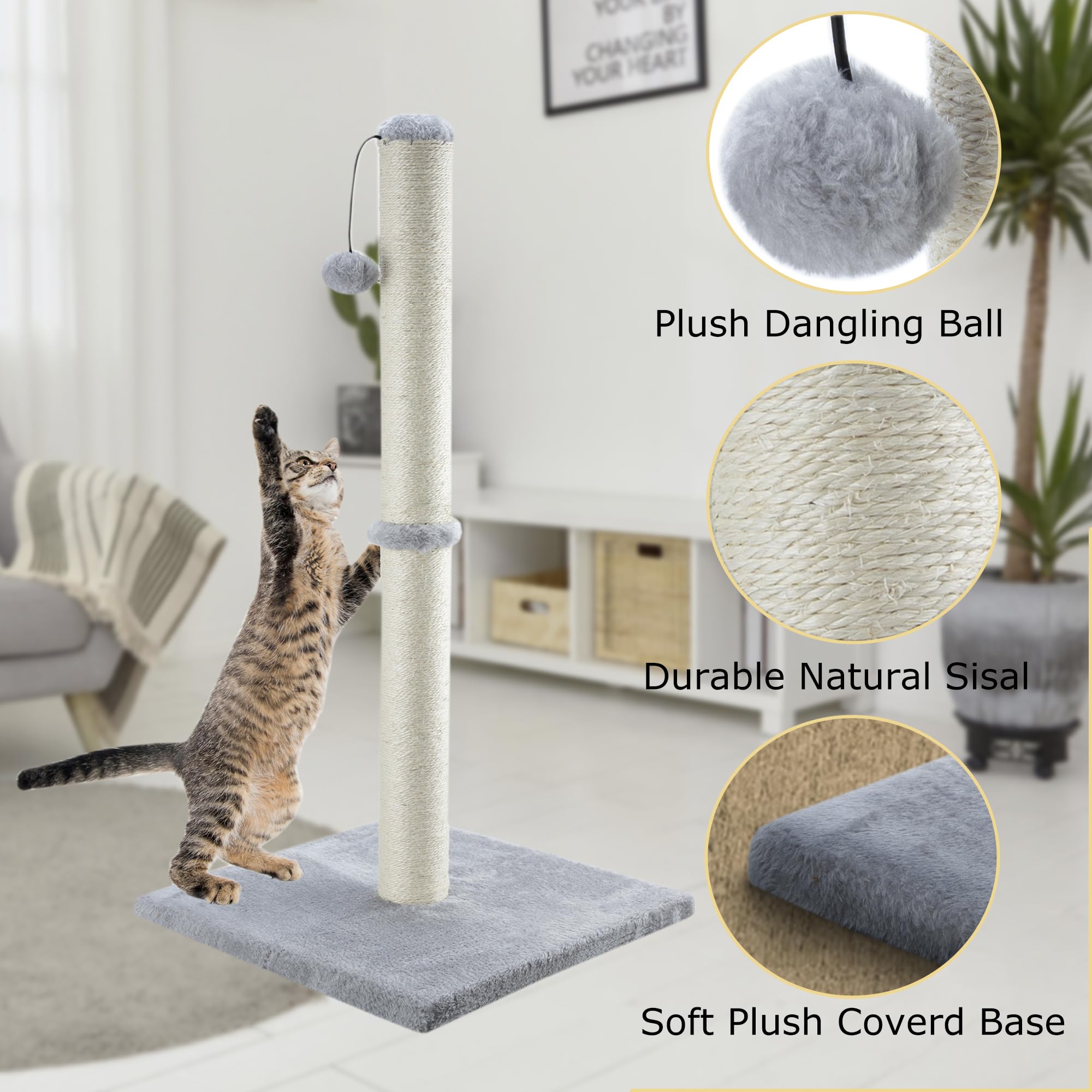 Dimaka 34' Tall Cat Scratching Post For Indoor Cats, Large Cat Claw Scratcher With Premium Sisal Rope, Sturdy Scratch Tree Wtih Dangling Toy Ball(Grey)