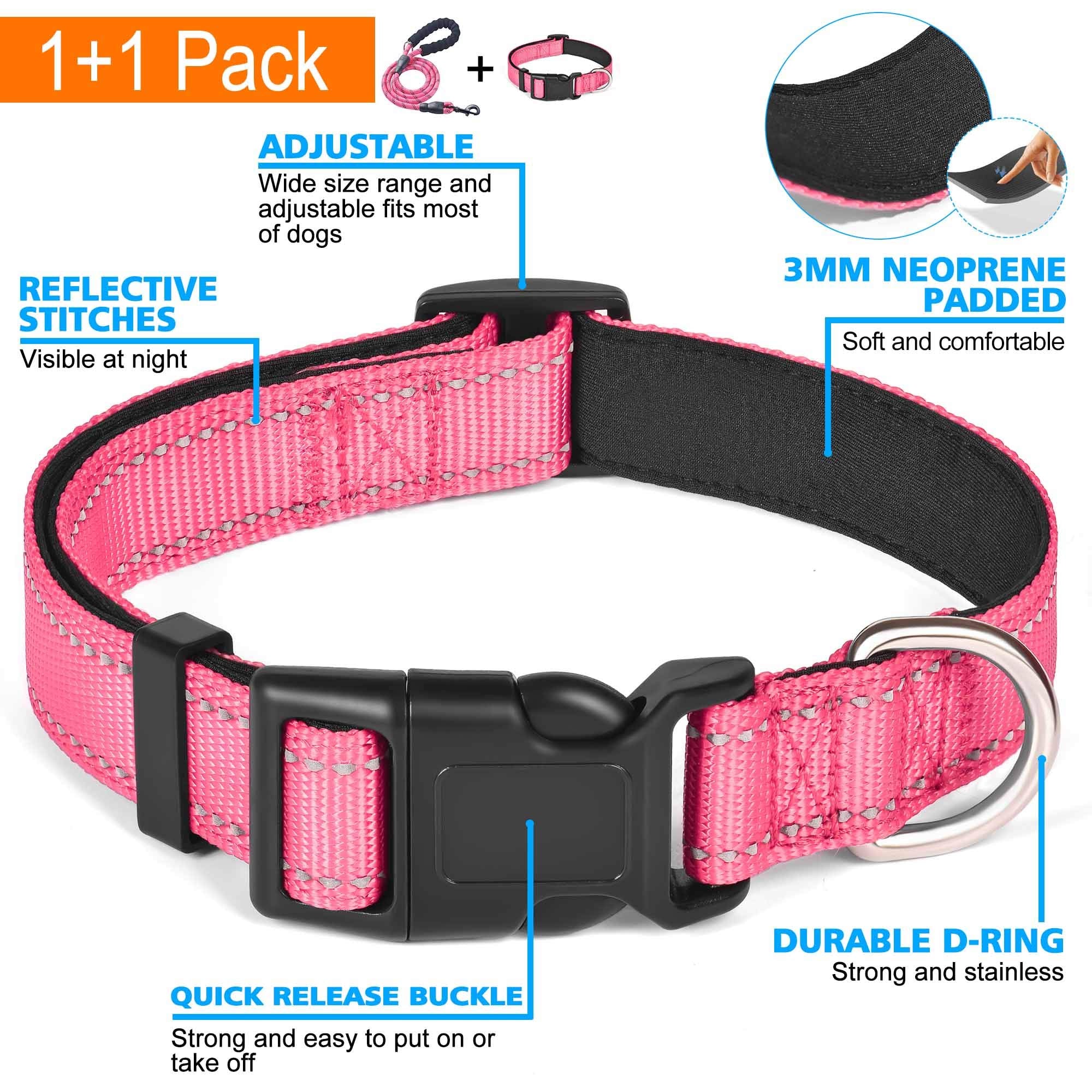 Ladoogo Reflective Dog Collar Padded With Soft Neoprene Breathable Adjustable Nylon Dog Collars For Small Medium Large Dogs (Col