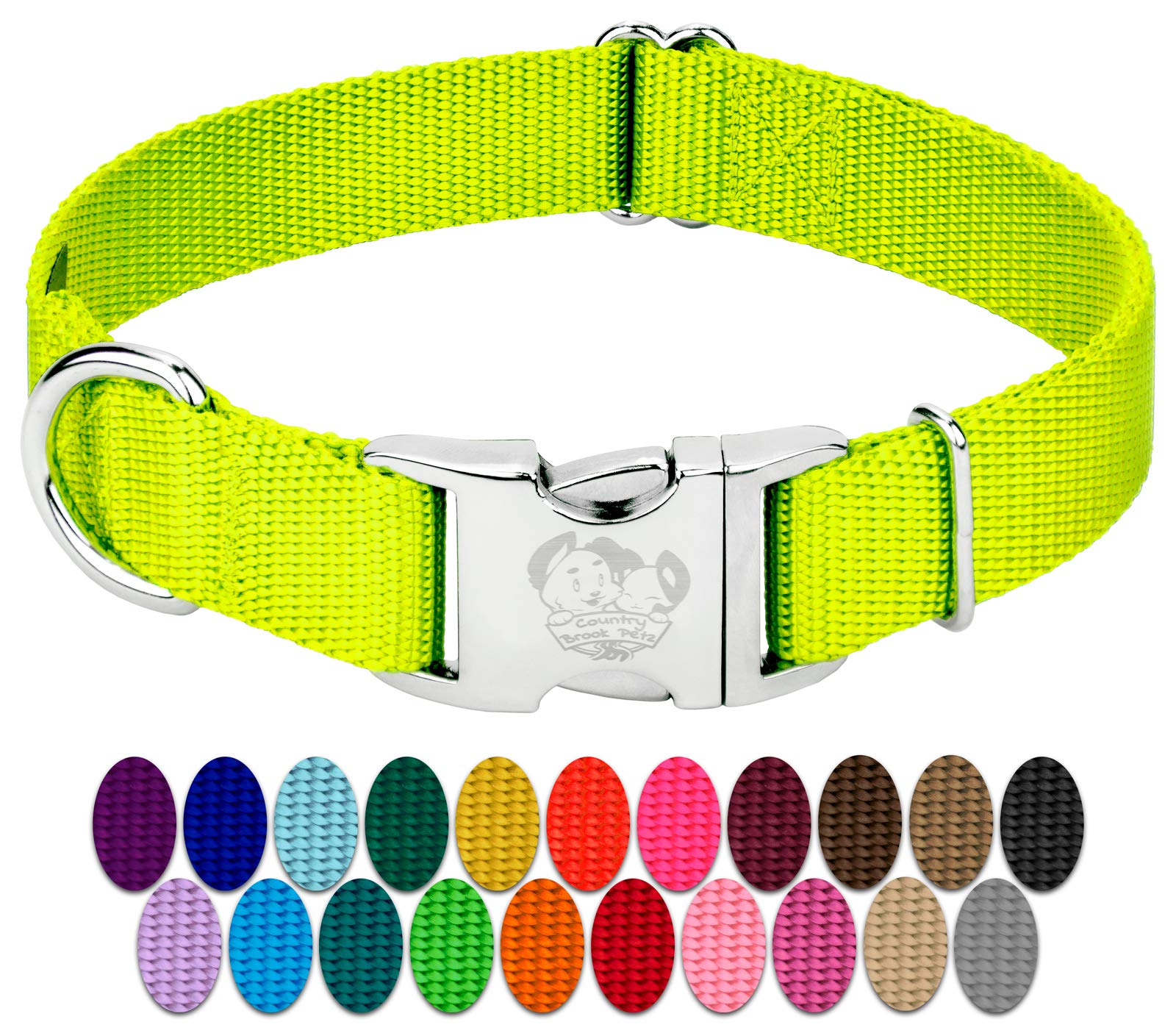Country Brook Design - Vibrant 30+ Color Selection - Premium Nylon Dog Collar With Metal Buckle (Large, 1 Inch Wide, Hot Yellow)