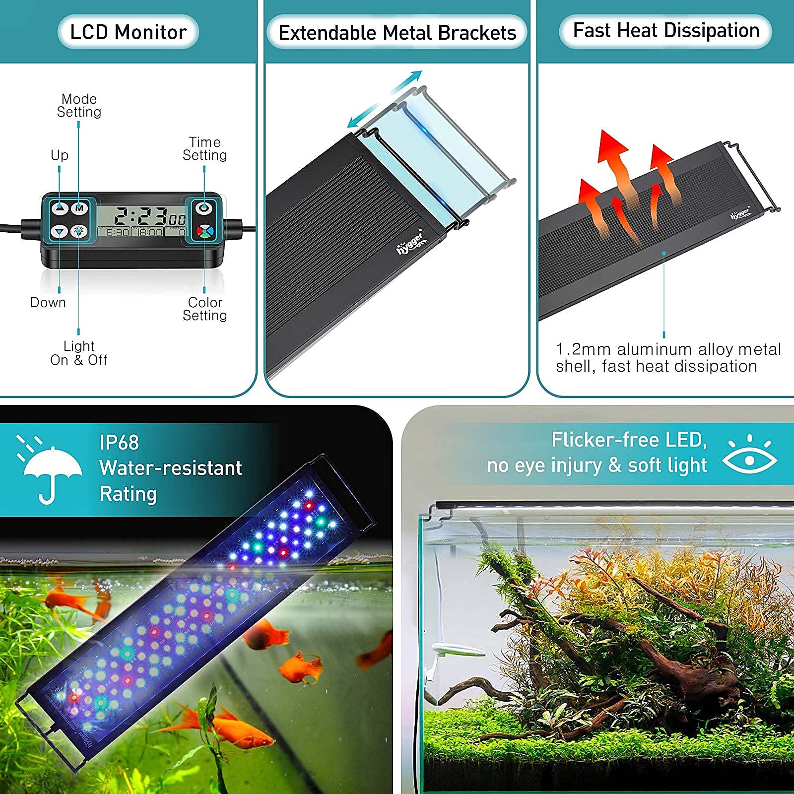 hygger Auto On Off LED Aquarium Light, Full Spectrum with LCD Monitor, 24/7 Cycle, 7 Colors, IP68 Waterproof for 12-18 Tanks