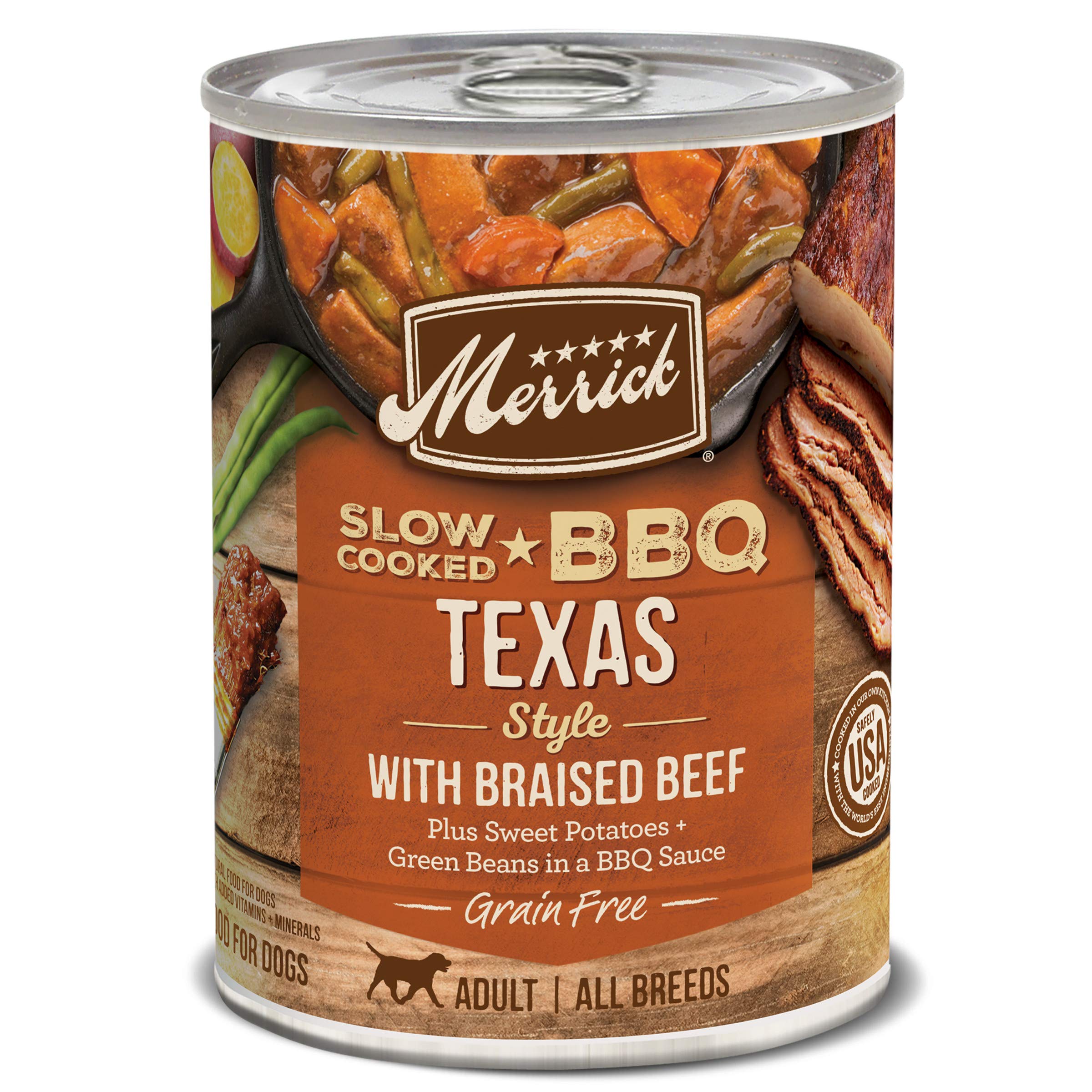 Merrick Slow-Cooked BBQ Premium Healthy Real Meat Grain Free Canned Dog Food, Texas Style With Braised Beef - (Pack of 12) 12.7 