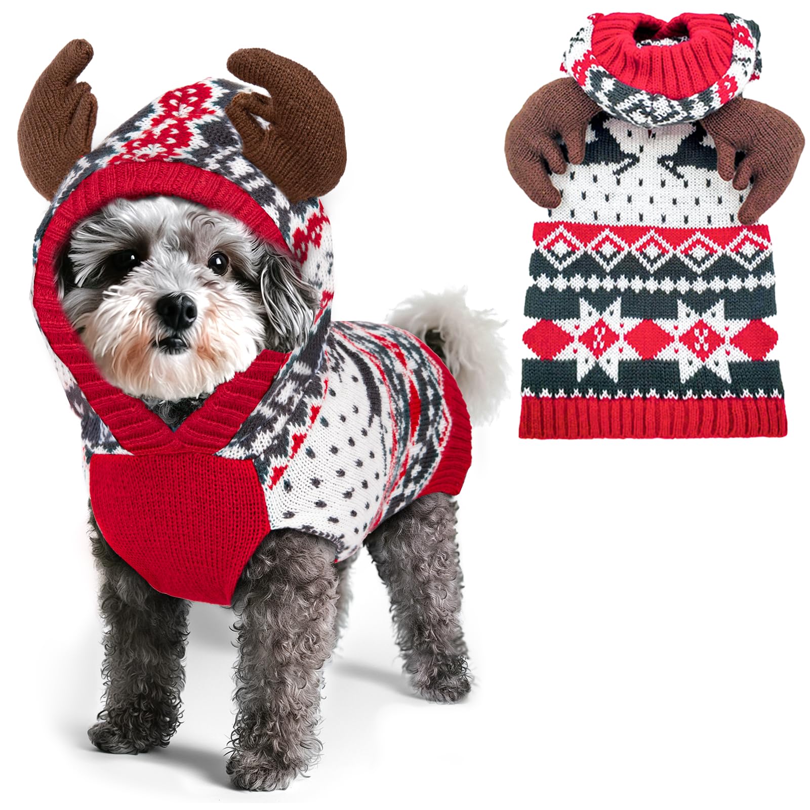 Kyeese Christmas Dog Sweater Hoodie Reindeer Red Dogs Knitwear Pullover Pet Sweater With Leash Hole Ugly Christmas Dog Sweater For Small Dogs