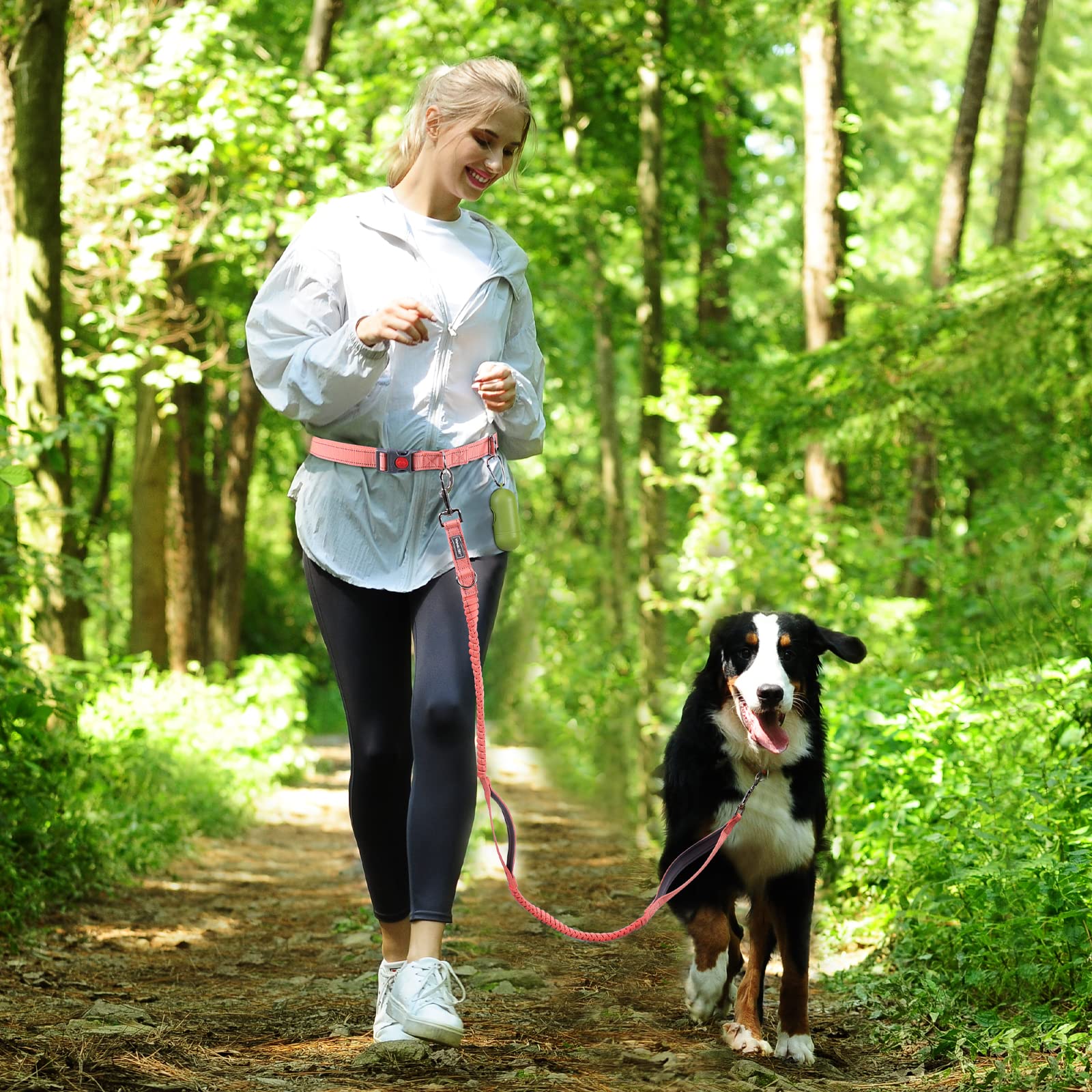 Vivaglory Hands Free Dog Running Leash With Dual Advanced Anti-Shock Bungees And Padded Handles, Reflective Waist Jogging Leash With Adjustable Belt For Training For Medium Large Dogs, Pink/Grey