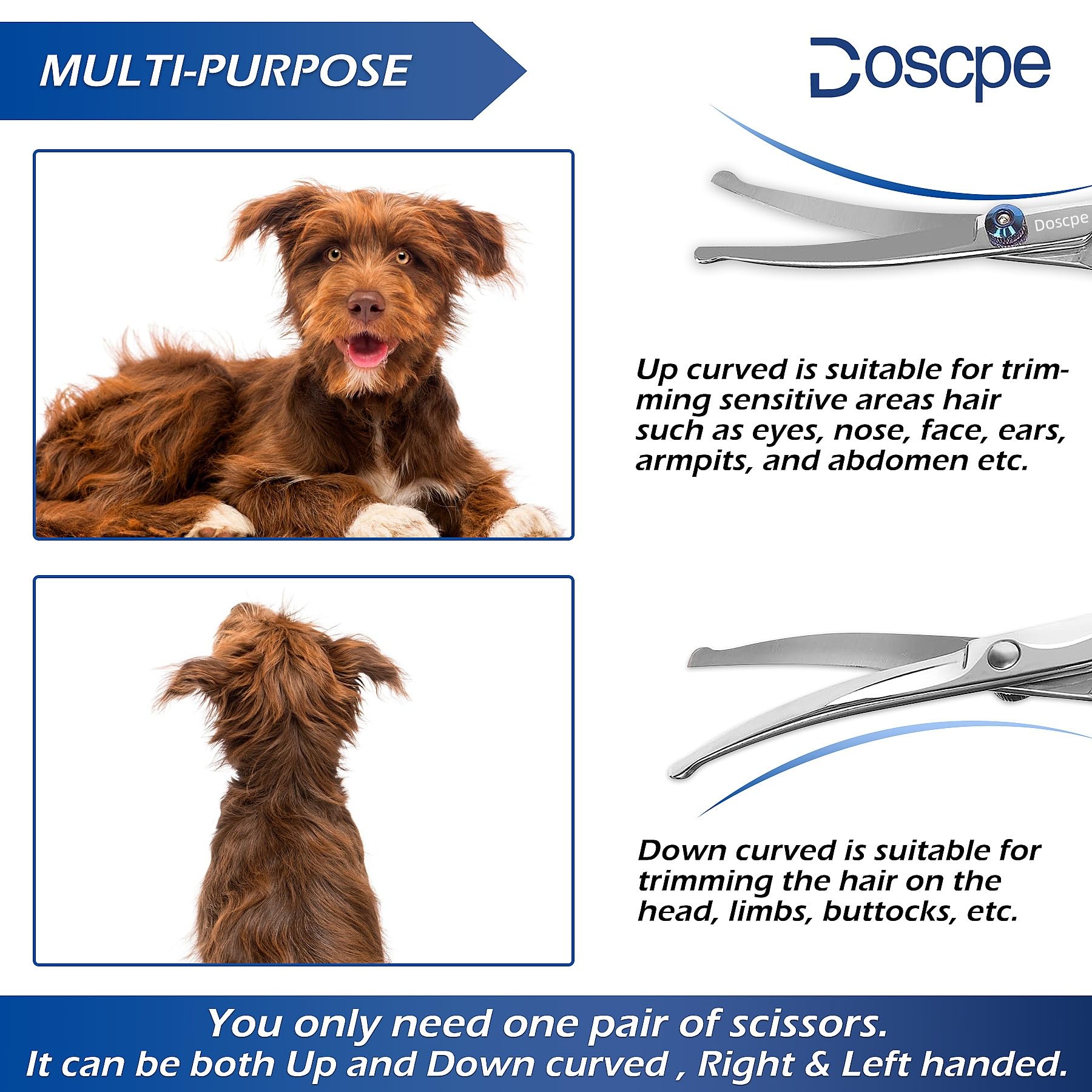 Doscpe Curved Dog Grooming Scissors 6.69 Inches Round Tips Pet Grooming Shears For Dog Cat On Face Paw Hair Trimming Right Left
