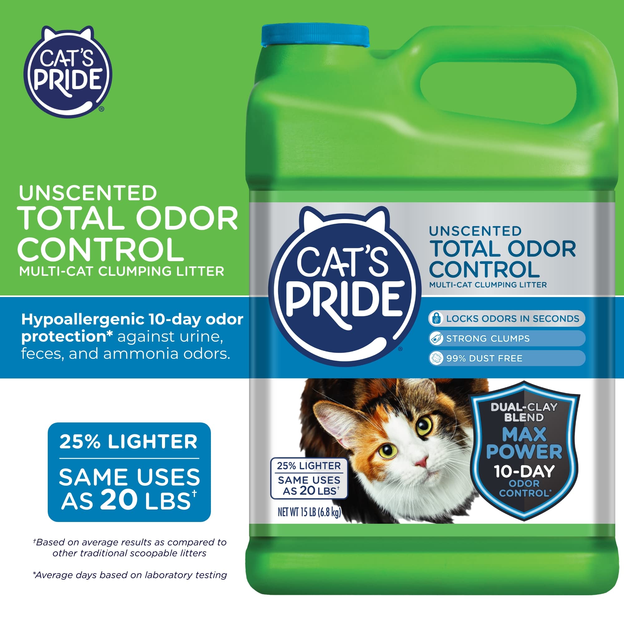 Cat'S Pride Max Power: Total Odor Control - Up To 10 Days Of Powerful Odor Control - Strong Clumping - Hypoallergenic - 99% Dust Free - Multi-Cat Litter, Unscented, 15 Pounds