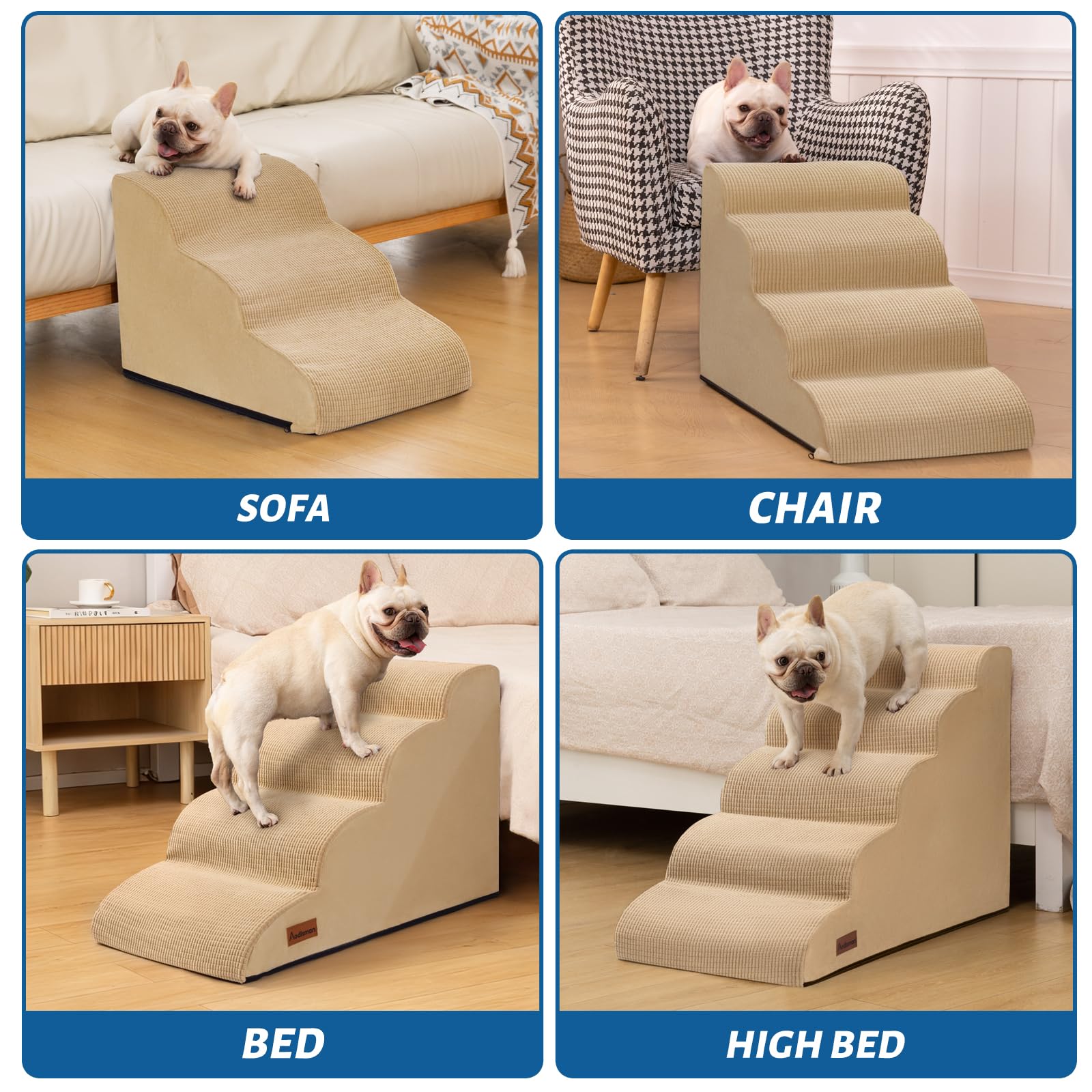 Aodisman 3-Step Dog Ramp and Stairs for Sofa and Chair - Non-Slip Sturdy Pet Steps for Small Dogs and Cats,15.7 H,Khaki