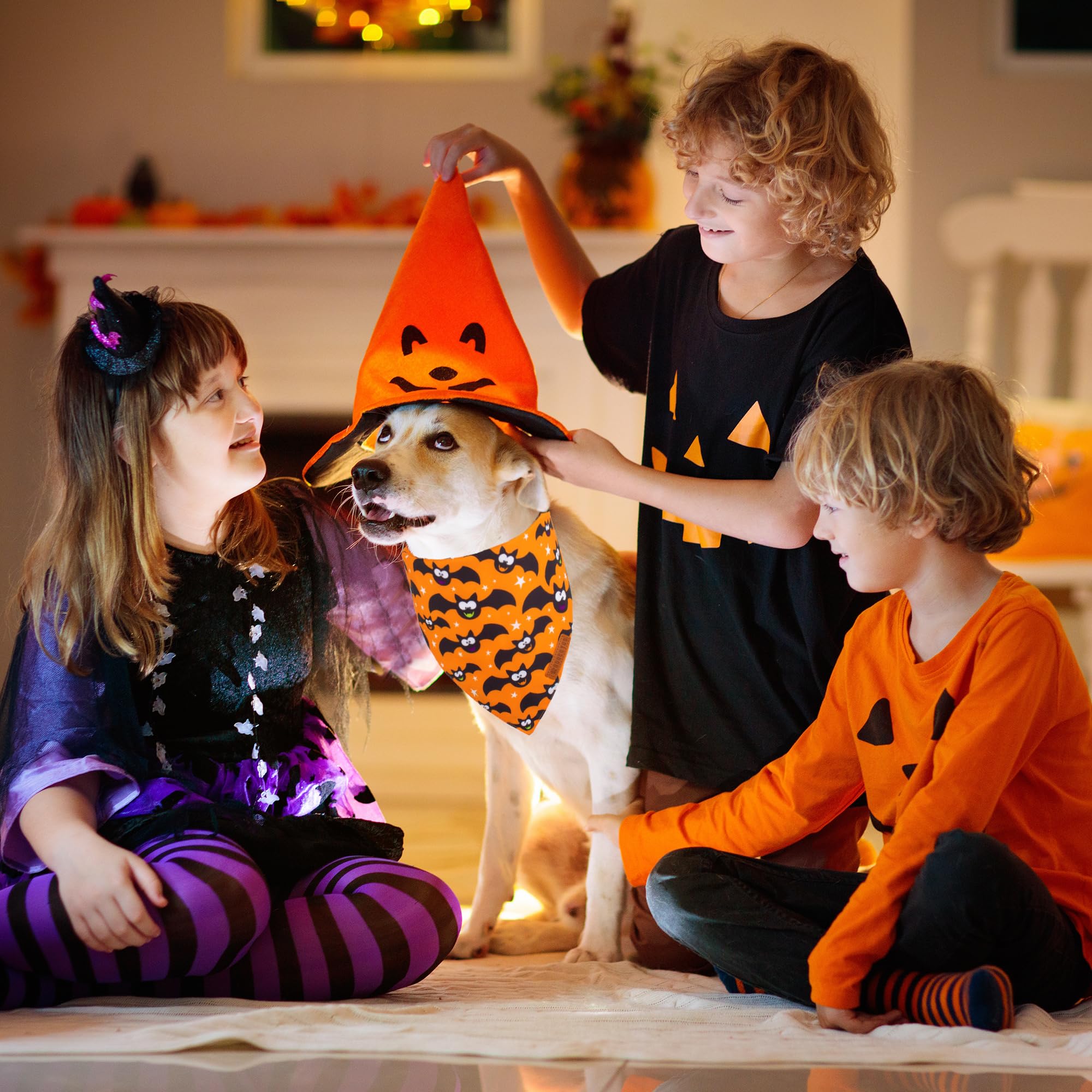 ADOGGYGO Halloween Dog Bandana, Pumpkin Bat Pet Scarf, Premium Durable Fabric, Adjustable Fit Halloween Bandanas for Medium Larg
