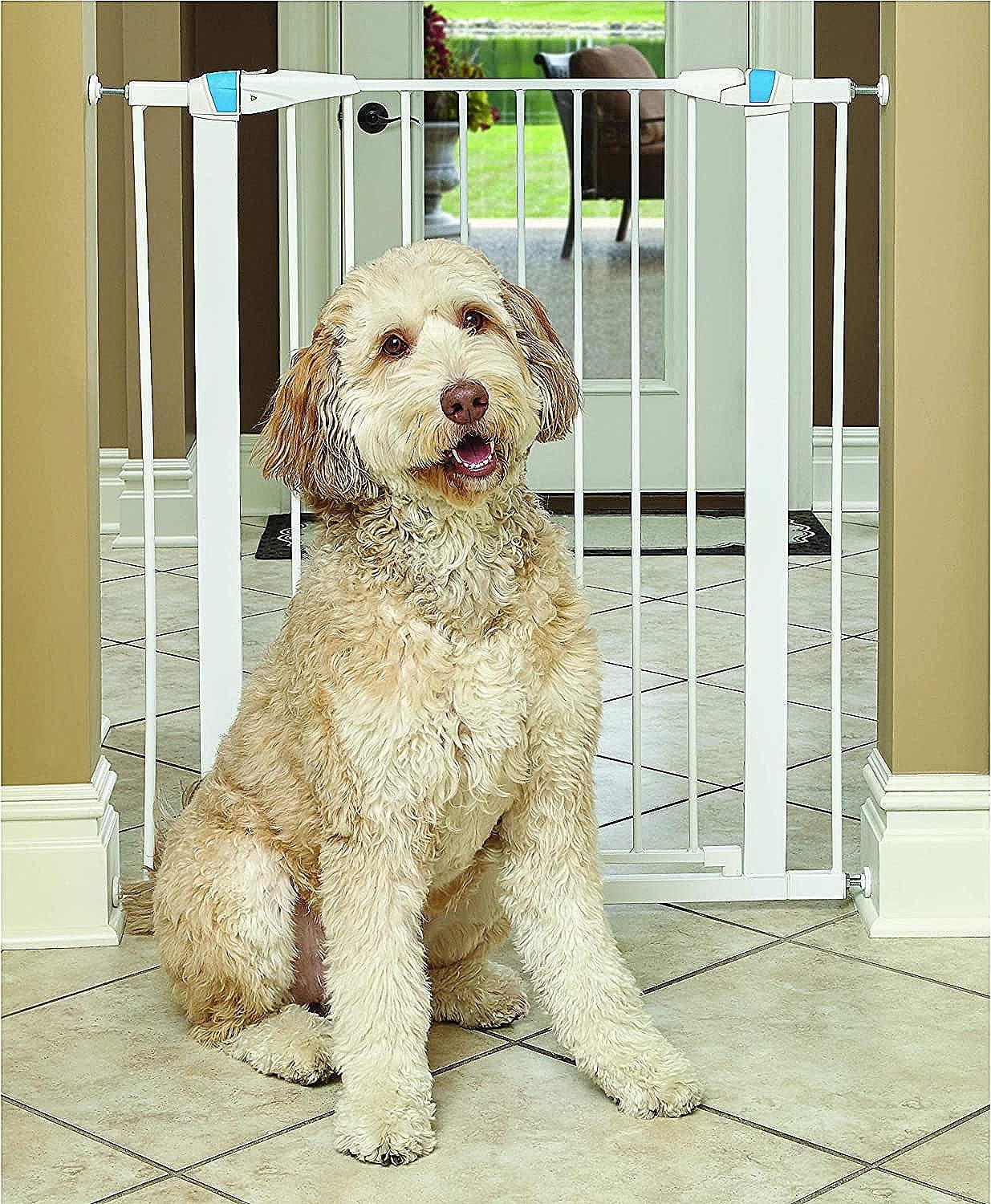 Midwest Homes For Pets 39 Inches Tall Walk-Though Steel Pet Gate, Pressure Mounted Dog Gate With Glow Strip Measures 29 - 38 Inches Wide & Includes Two 3-Inch-Wide Extensions, White