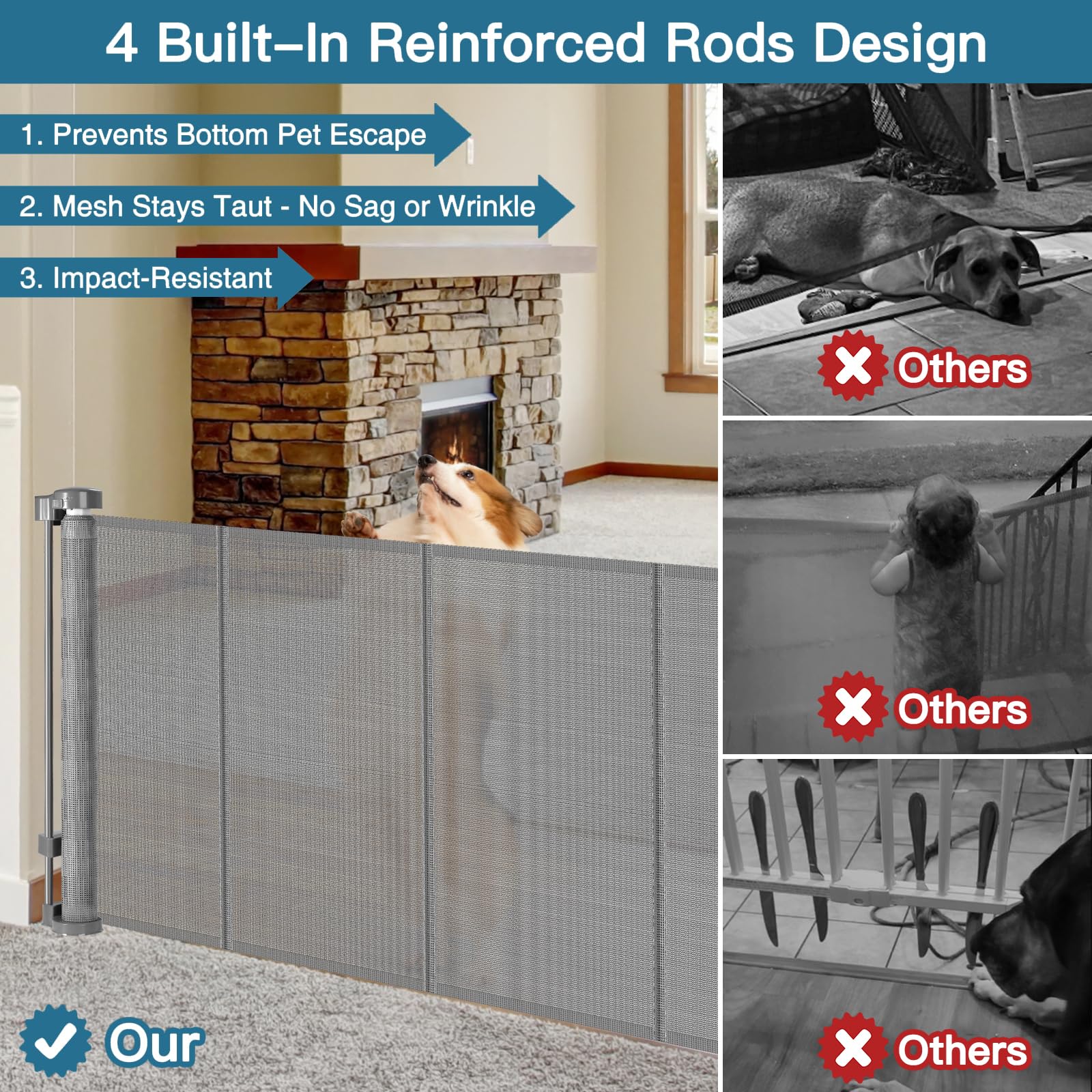 28 Inch Tall Retractable Baby Gates, 80'' Wide Reinforced Retractable Dog Gate with Support Rods, Walk Through Pet Gate, Short D