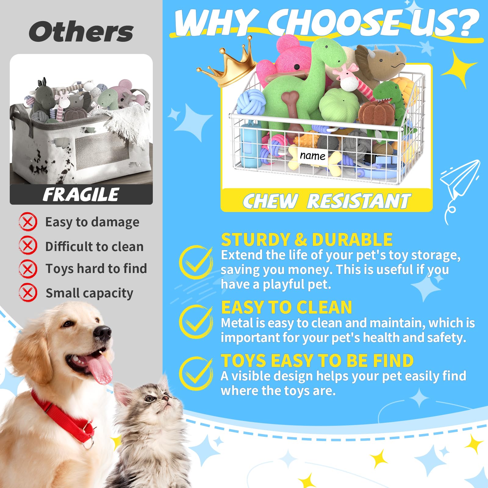 Kaiferty Indestructible Dog Toy Basket, Small Metal Toy Bin, White, S: 13.8"L x 9.0"W x 7.1"H, Pet Storage Organizer for