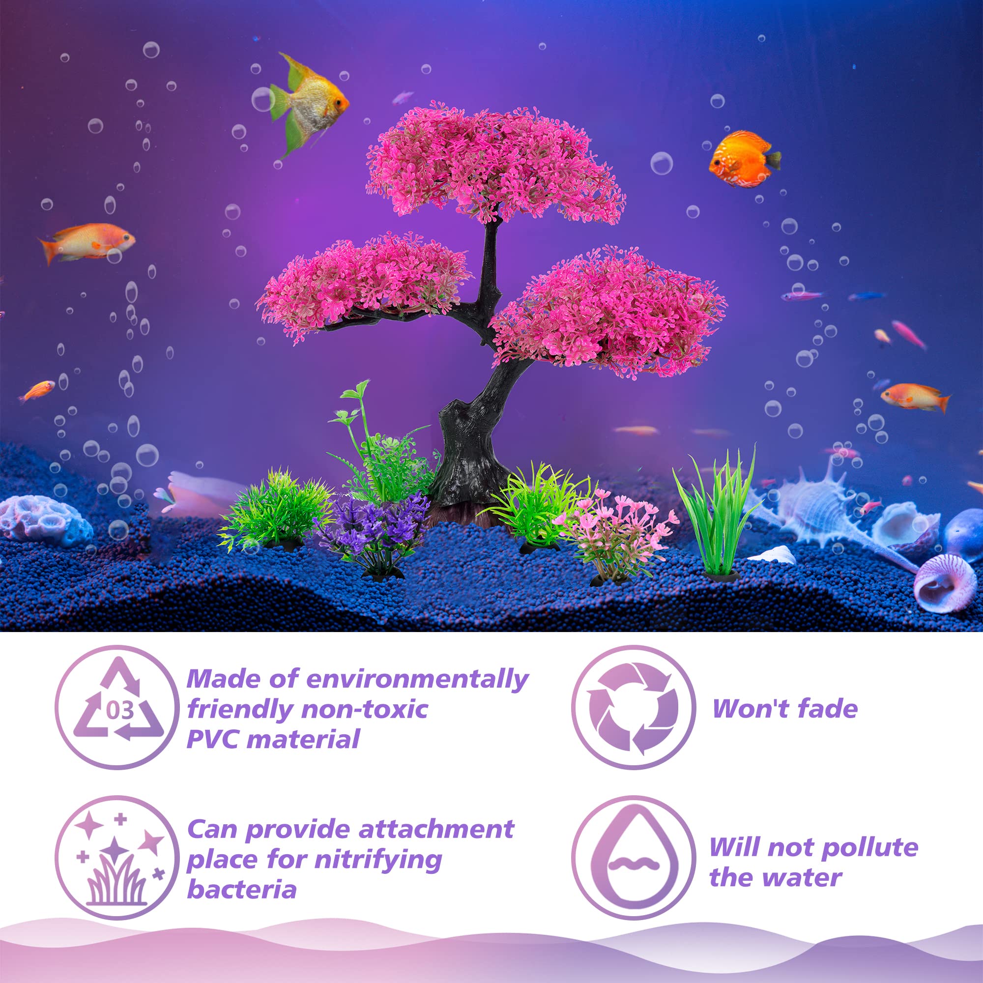 Ameliade Aquarium Artificial Plastic Plants Decoration, Pink Cherry Blossom Tree & Grass Aquarium Decor Set, Goldfish Betta Fish Tank Decorations Hides Accessories(Pink
