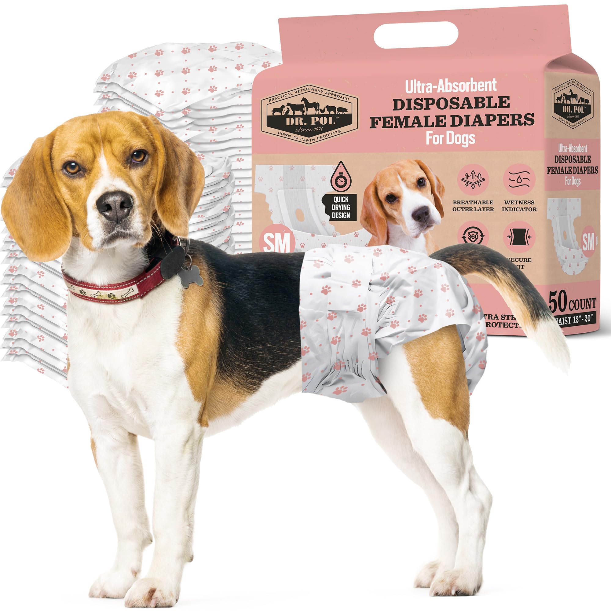 Dr. Pol Female Dog Diapers - Super Absorbent, Breathable, Leak-Proof With Wetness Indicator, Small, 50 Count
