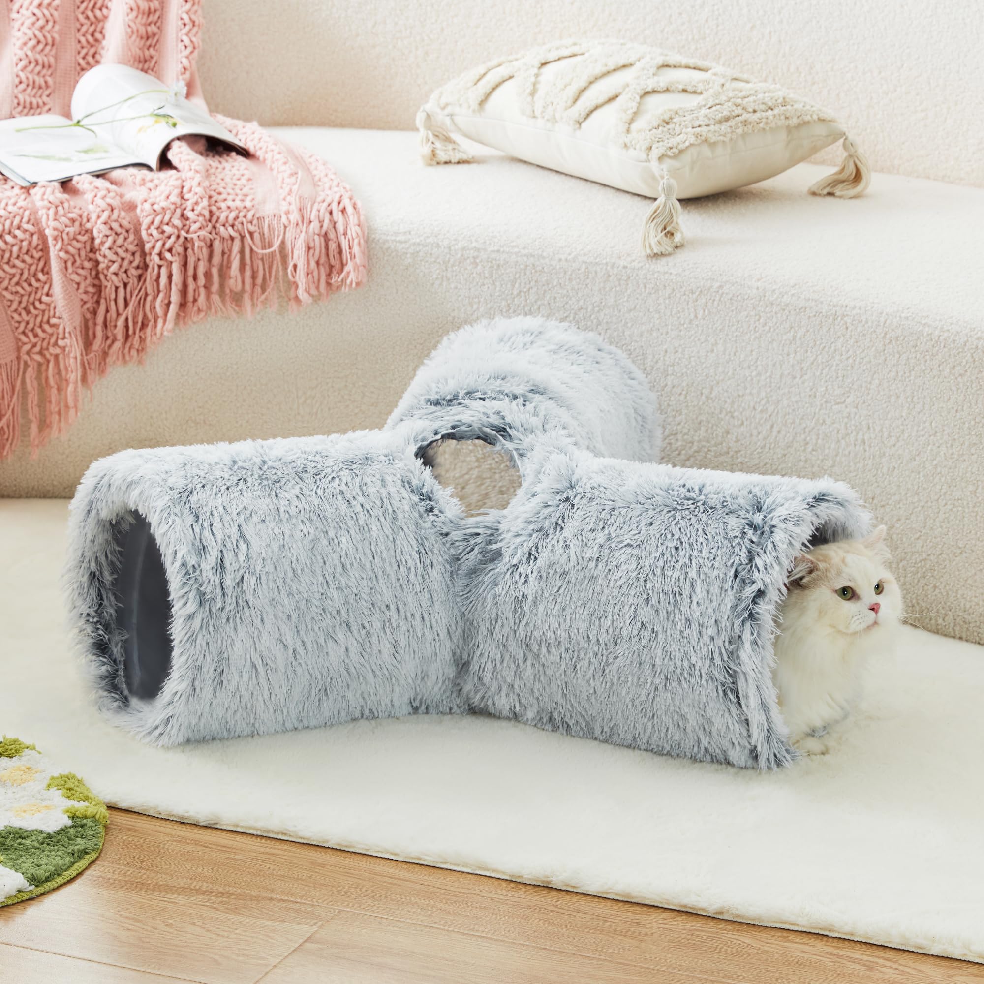 Tempcore Plush Pet Cat Tunnel Tube Cat Toys 3 Way Collapsible, Cat Tunnels For Indoor Cats,Kitty Tunnel Bored Cat Pet Toys Peek Hole Toy Ball Cat, Puppy, Kitty, Kitten, Rabbit Light Grey