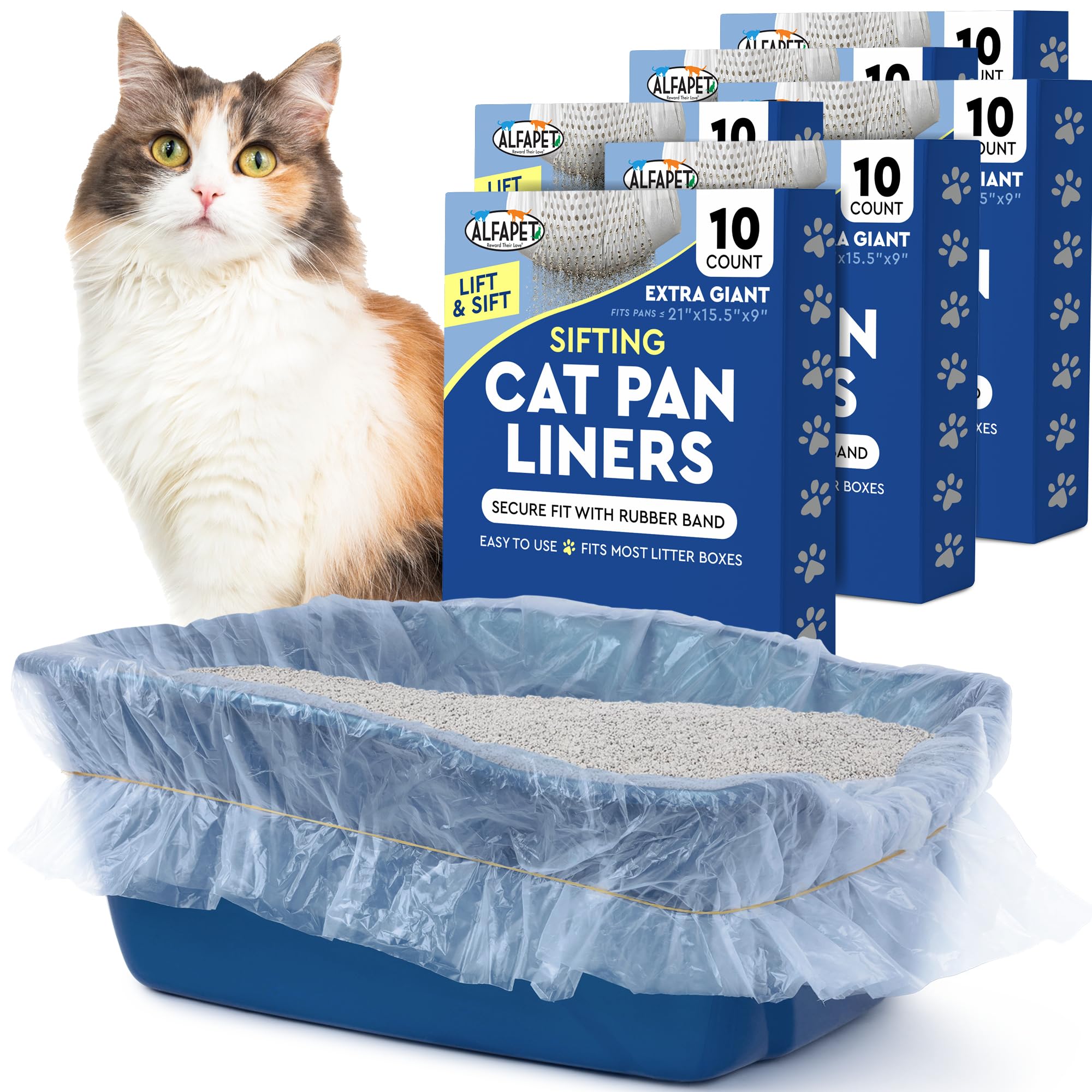 Alfapet Kitty Cat Pan Disposable, Sifting Liners- 60 Count + 1 Transfer Liner-For Large, X-Large, Giant, Extra-Giant Size Litter Boxes-Included Rubber Band For Firm, Easy Fit - Pack Of 6
