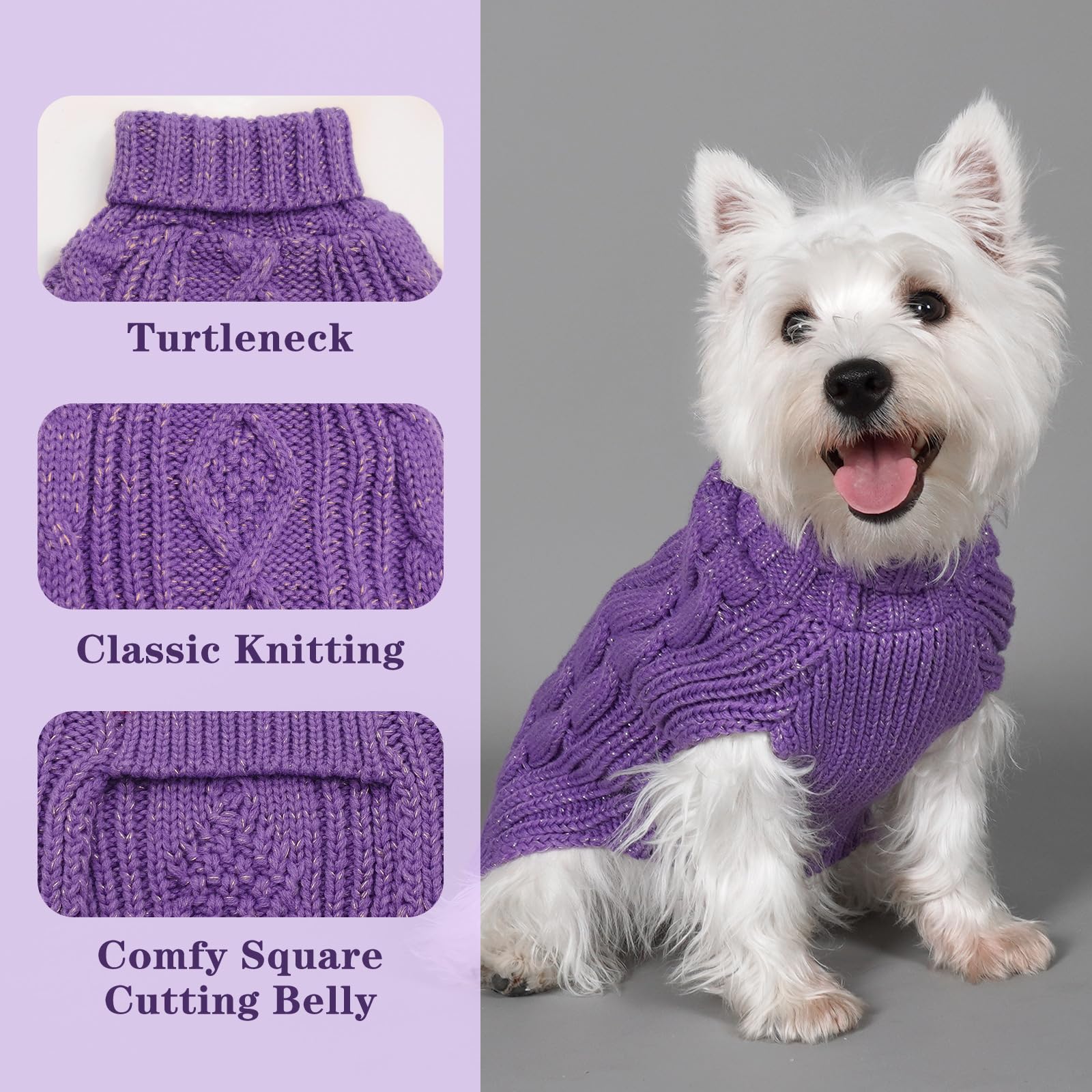 KYEESE Dog Sweaters for Medium Dogs with Golden Thread Turtleneck Dog Cable Knit Pullover Sweaters for Cold Weather, Purple, X-L