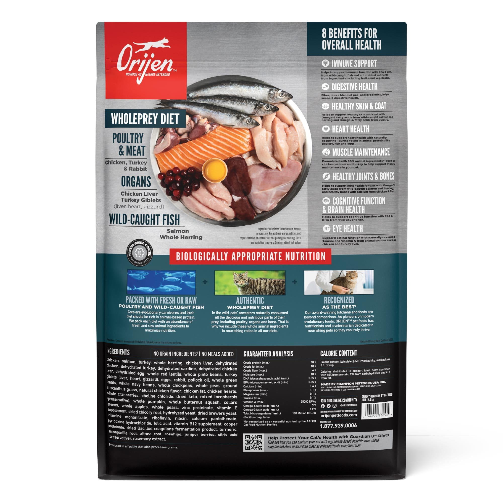 ORIJEN Guardian 8 Dry Cat Food, Grain Free Cat Food for Adult Cats, with Chicken, Salmon and Rabbit, 10lb