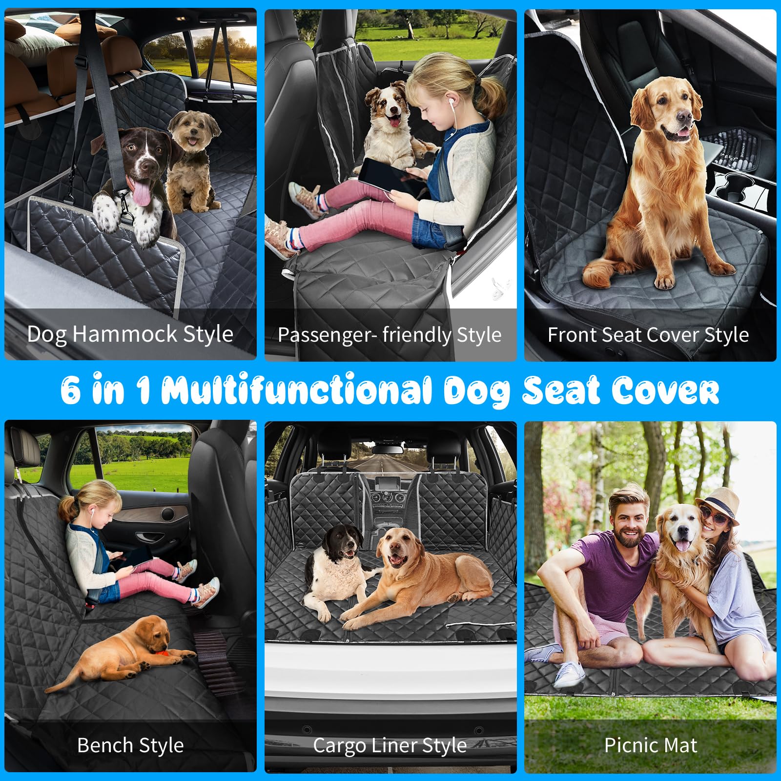 URPOWER 6-in-1 Dog Car Seat Cover for Back Seat, Waterproof Dog Car Hammock 40/60 Split Dog Seat Cover with Mesh Window and Side