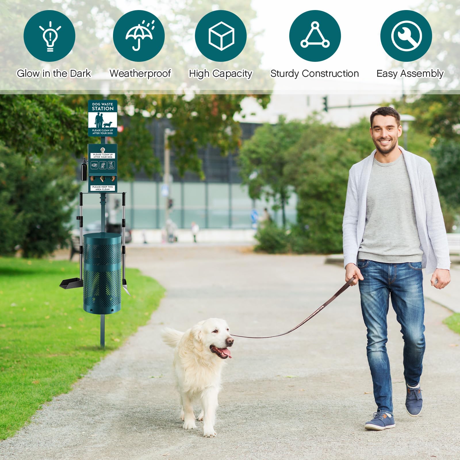 Qinyoung Dog Waste Station Outdoor Dog Poop Trash Can With Poop Bag Dispenser Shovel Dustpan Hand Sanitizer Bottle Rust Proof Bi