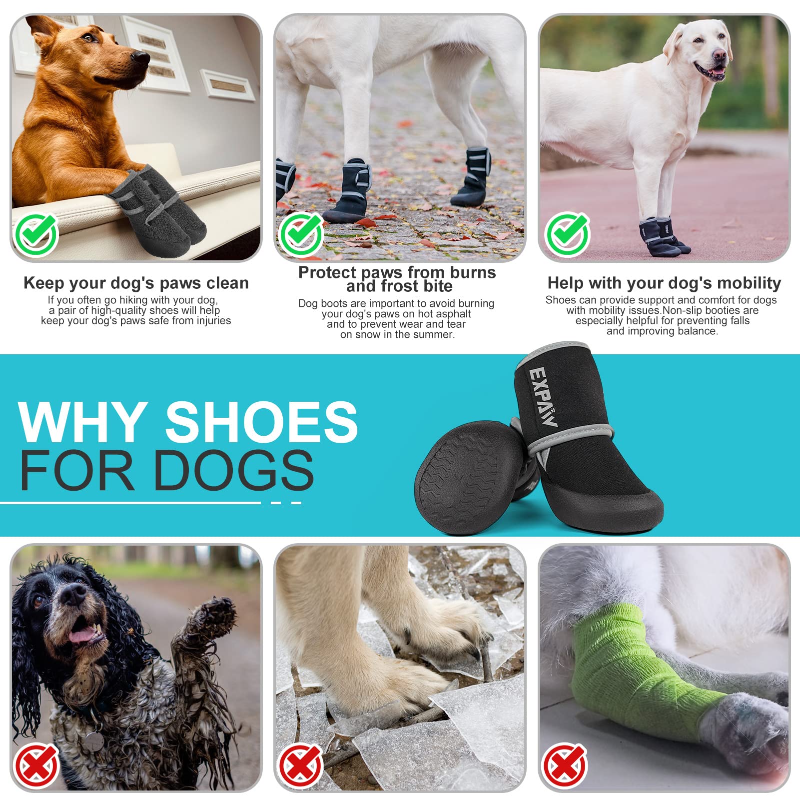 EXPAWLORER Anti-Slip Dog Boots-Dog Boots & Paw Protectors for Winter,Waterproof Dog Socks for Small Medium Large Dogs,Dog Bootie