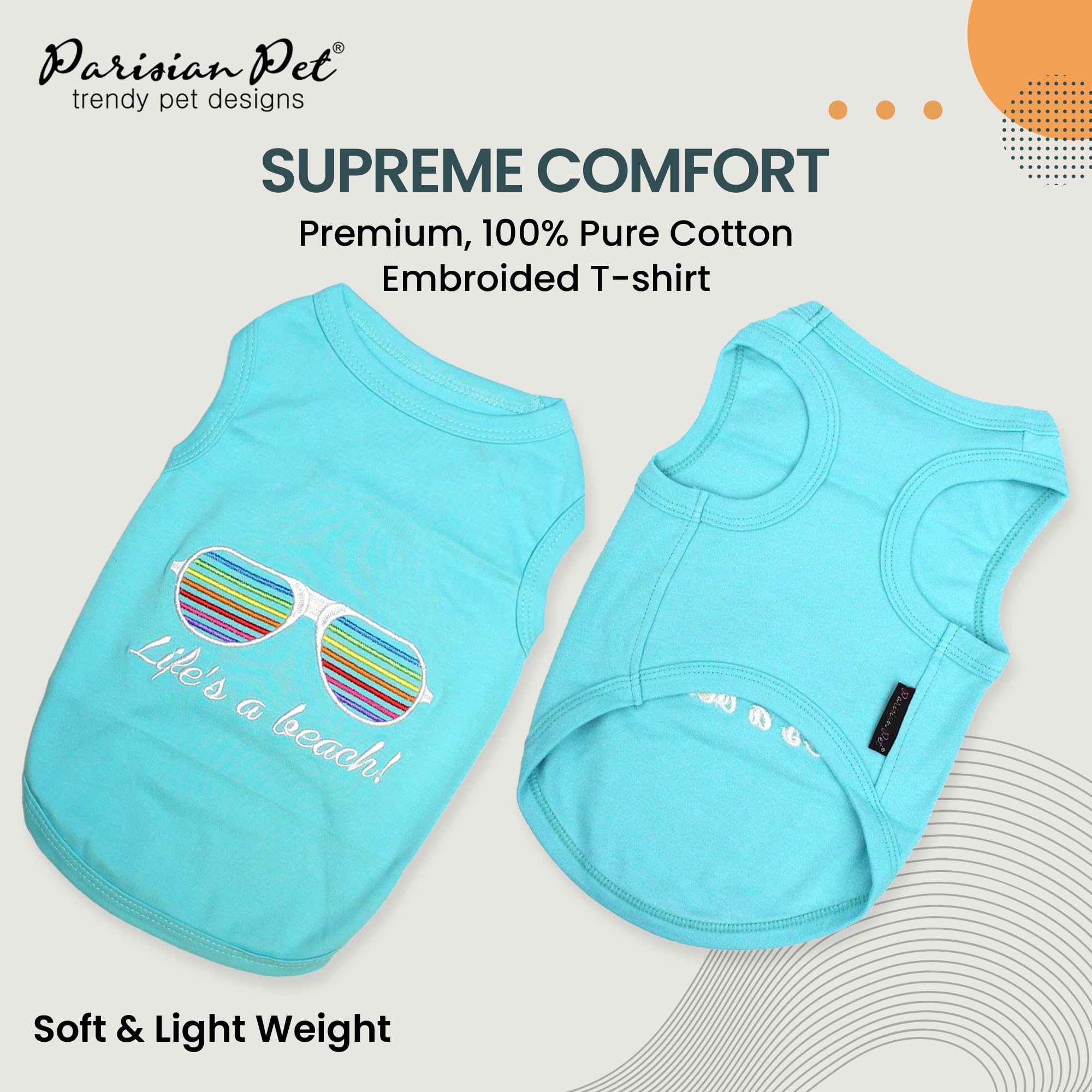 Parisian Pet Dog Tshirt - Embroidered Lifes A Beach Lightweight Tank Top - 100% Cotton, Tee Shirts - Summer Dog Clothes - Machin