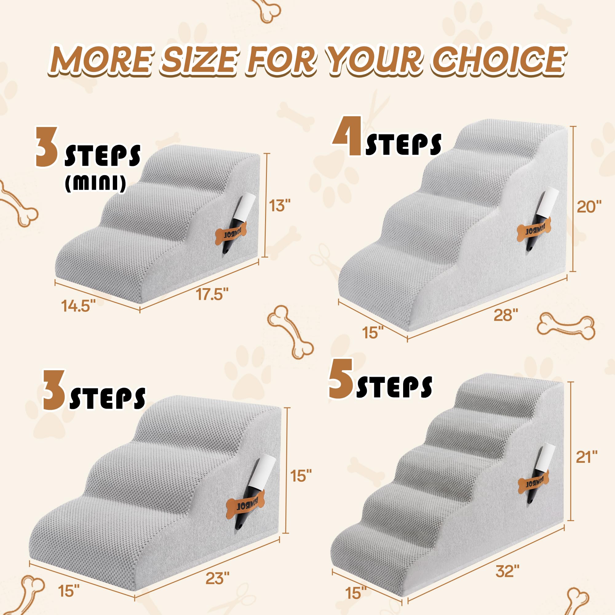 Romrol Dog Stairs Ramp For Beds Couches, Extra Wide Pet Steps With Durable Non-Slip Waterproof Fabric Cover, Dog Slope Stairs Fo