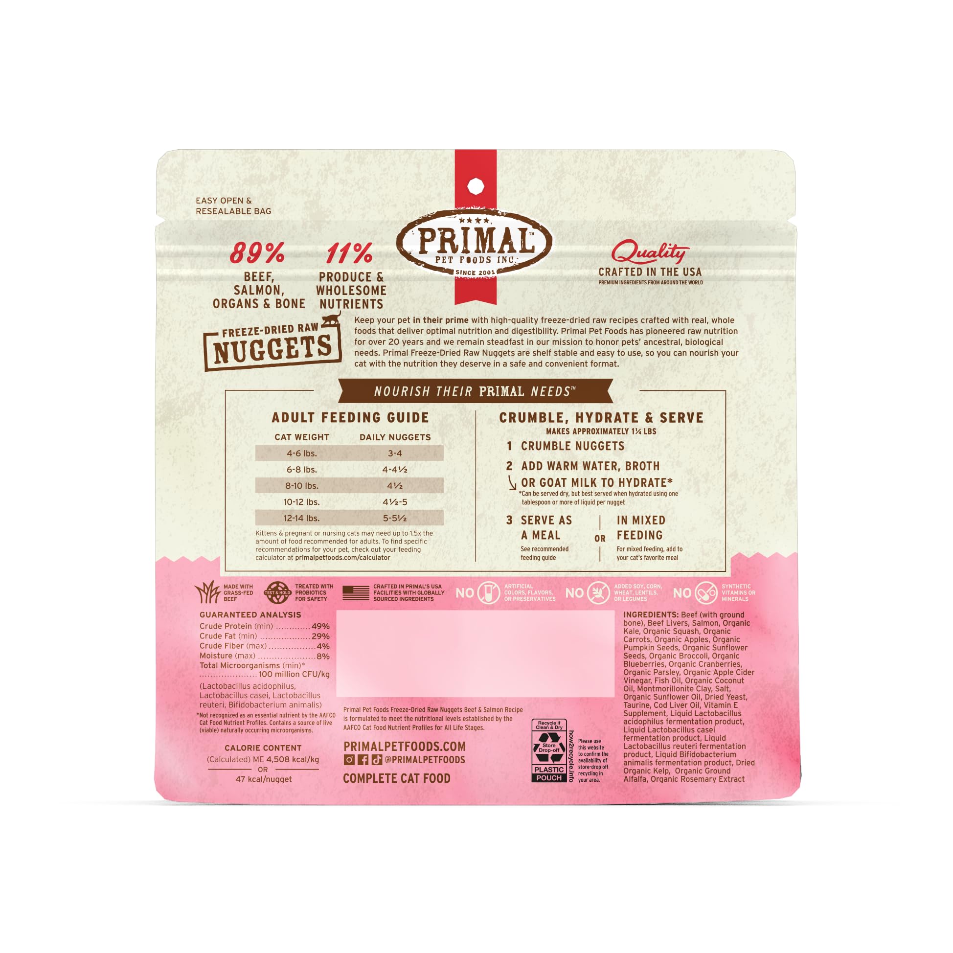 Primal Freeze Dried Raw Cat Food Nuggets Beef & Salmon, Complete & Balanced Meal or Topper, Premium, Healthy, Grain Free, High P
