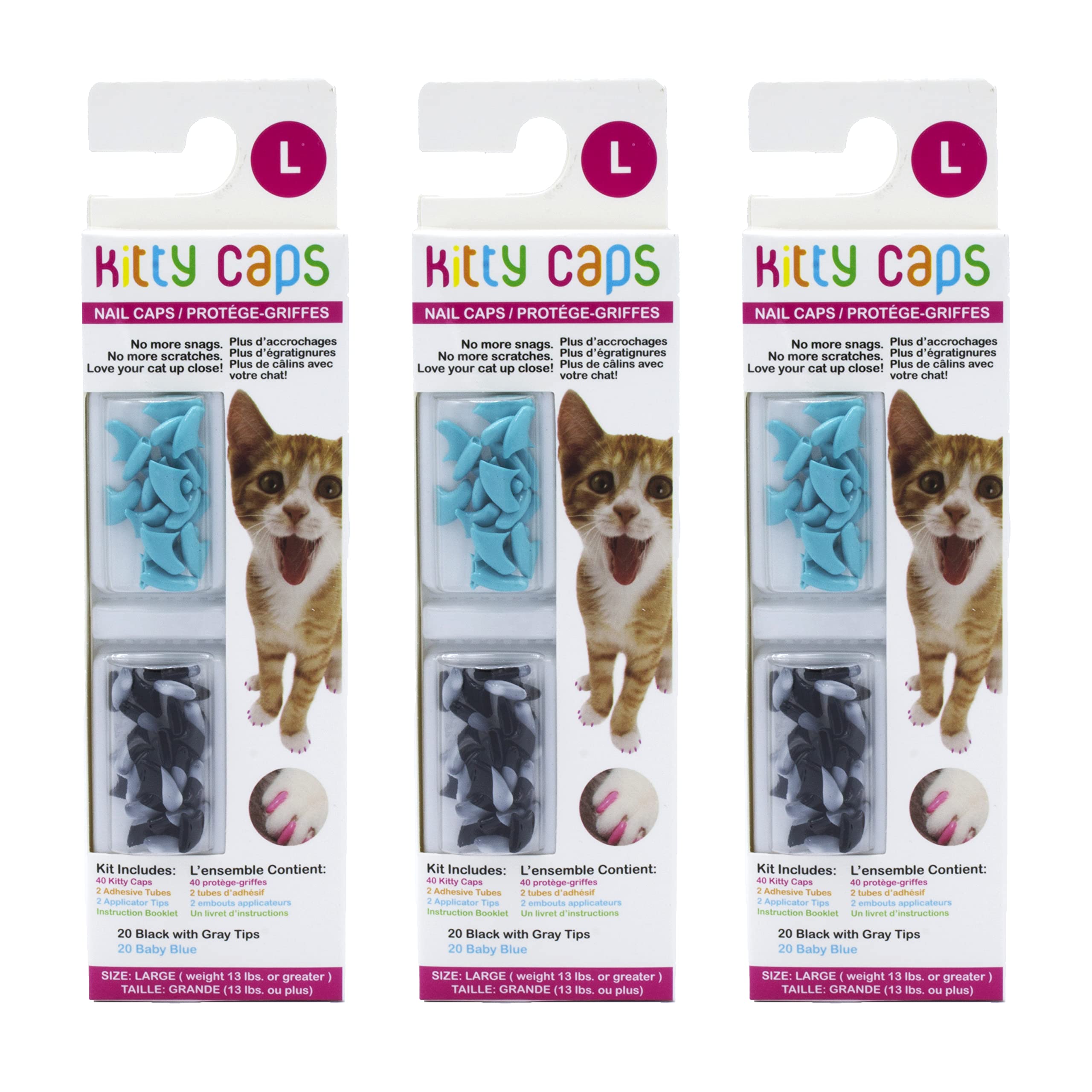 Kitty Caps Nail Caps for Cats, Black with Gray Tips & Baby Blue - Safe, Stylish & Humane Alternative to Declawing Stops Snags & 