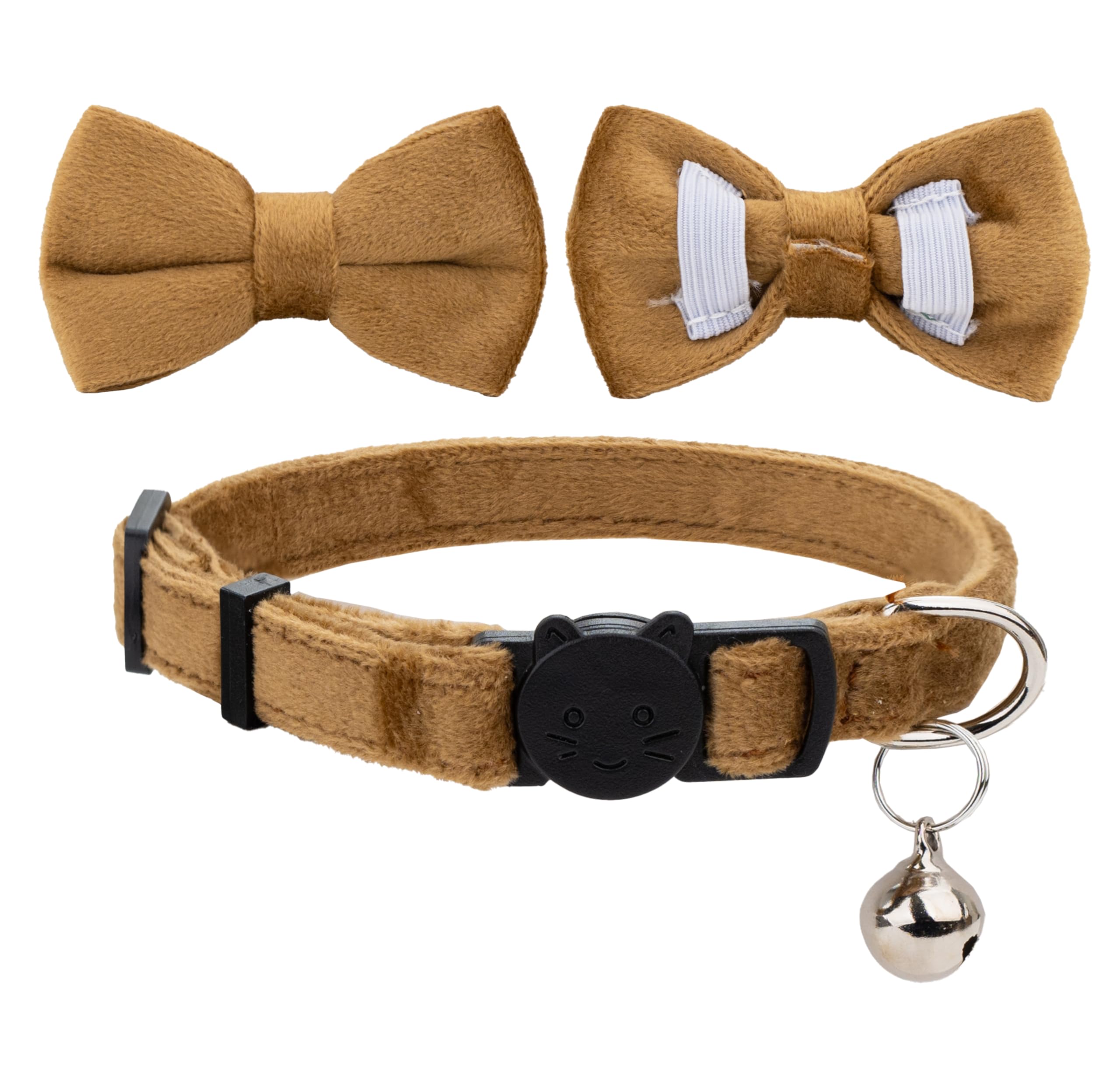 Gyapet Cat Collar Breakaway With Bell Boy Girl Kitten Bow Tie Safety Plaid Solid Color Set Cute Soft Summer B-[2Pcs] Khaki