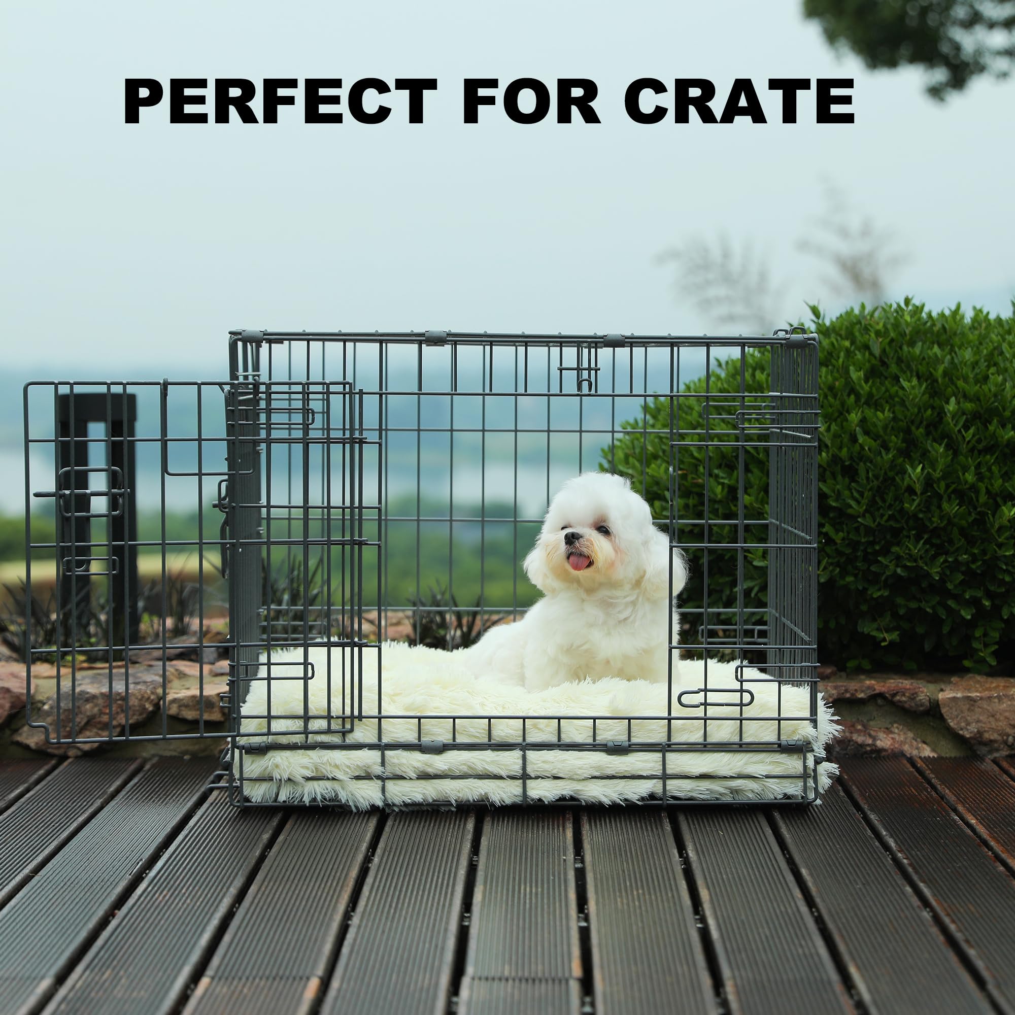 Bedfolks Waterproof Dog Crate Pad, Plush Dog Kennel Bed With Removable Cover, Faux Fur, Washable, 17''X12'', Cream