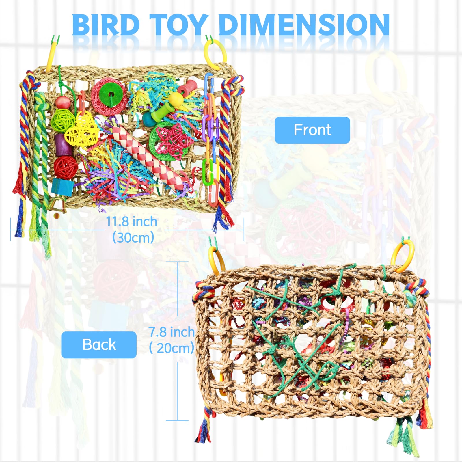 Cohyver Bird Toys, Large Size Parrot Toy, Parakeet Toys For Bird Foraging Conure Hammock Swing,Grass Mat With Colorful And Vario