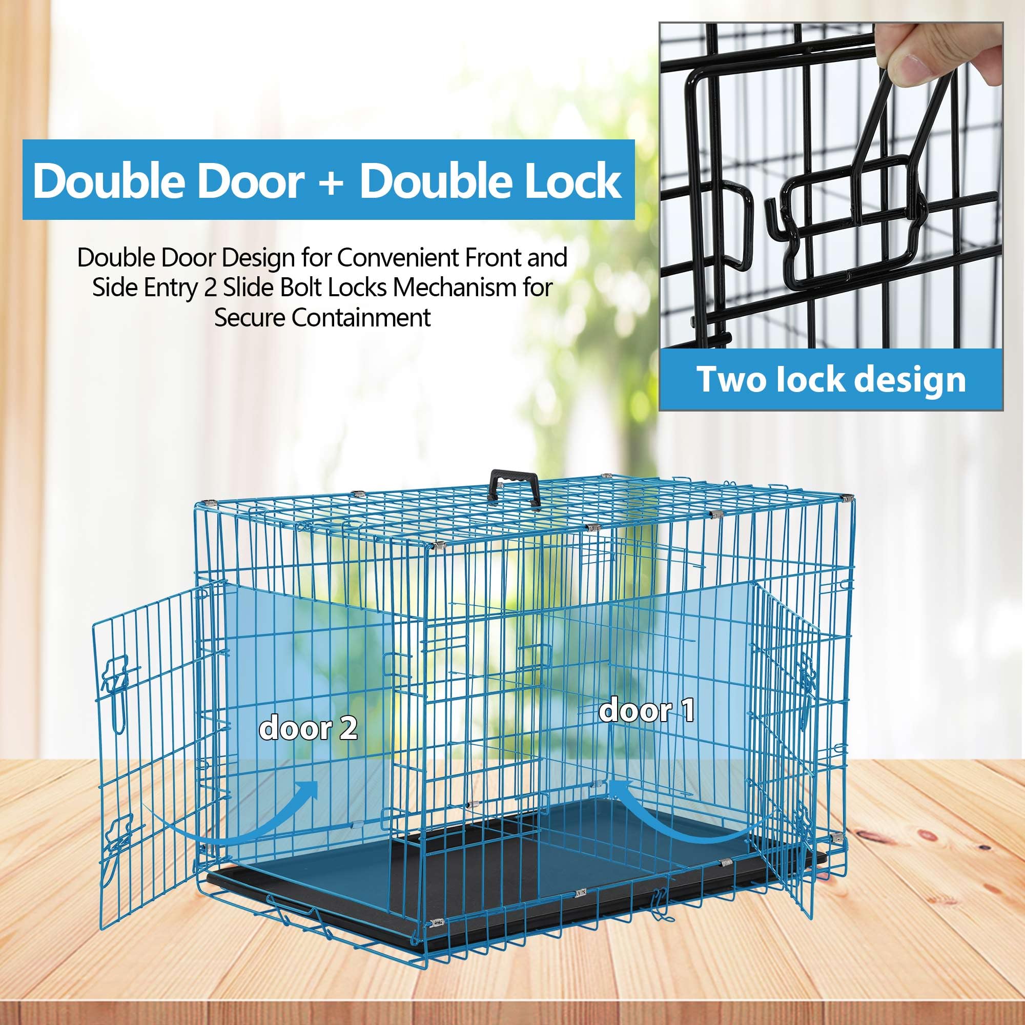 Biqwbic Medium Dog Crate, 30 Inch, Blue, Heavy Duty Steel Wire Folding Dog Cage With Removable Trays, Double-Door, Divider Panel