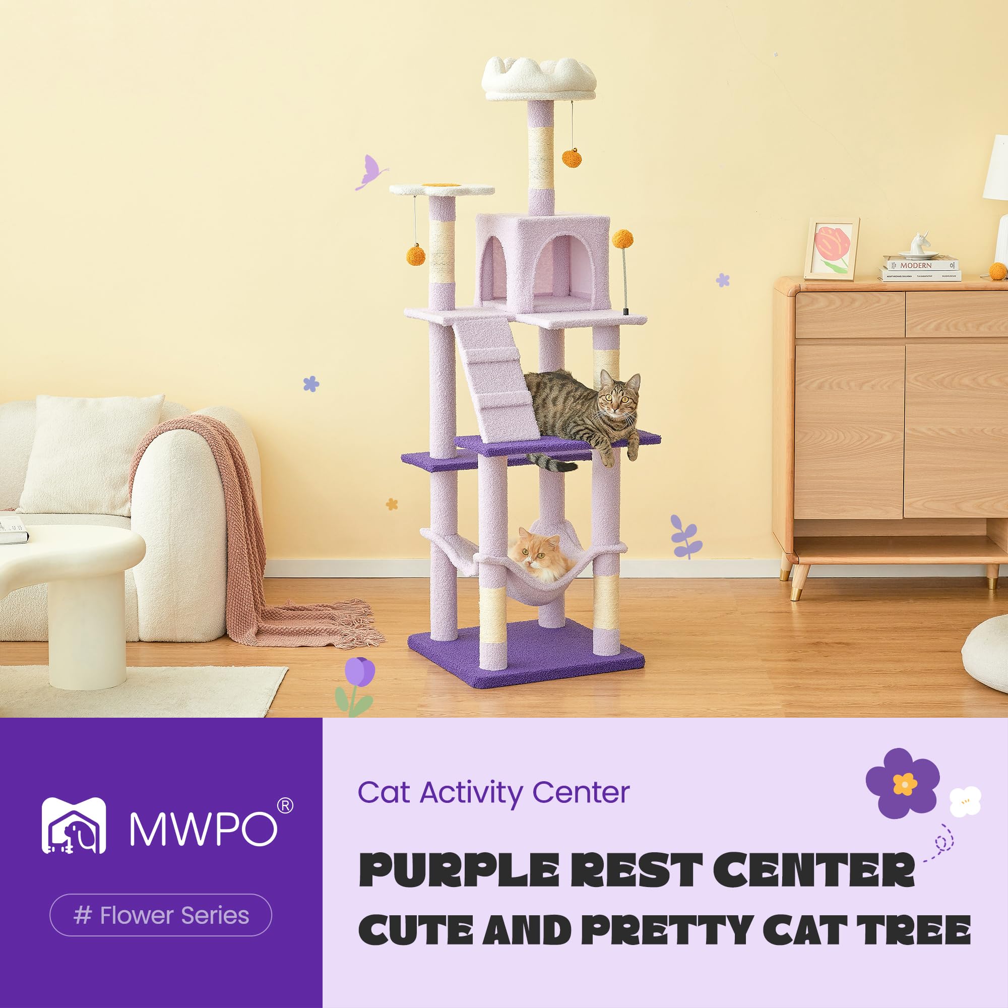 Mwpo Flower Cat Tree For Indoor Cats, 63.8 Inches Multi-Level Cat Tower With Sisal-Covered Scratching Posts, Padded Platform, Ha