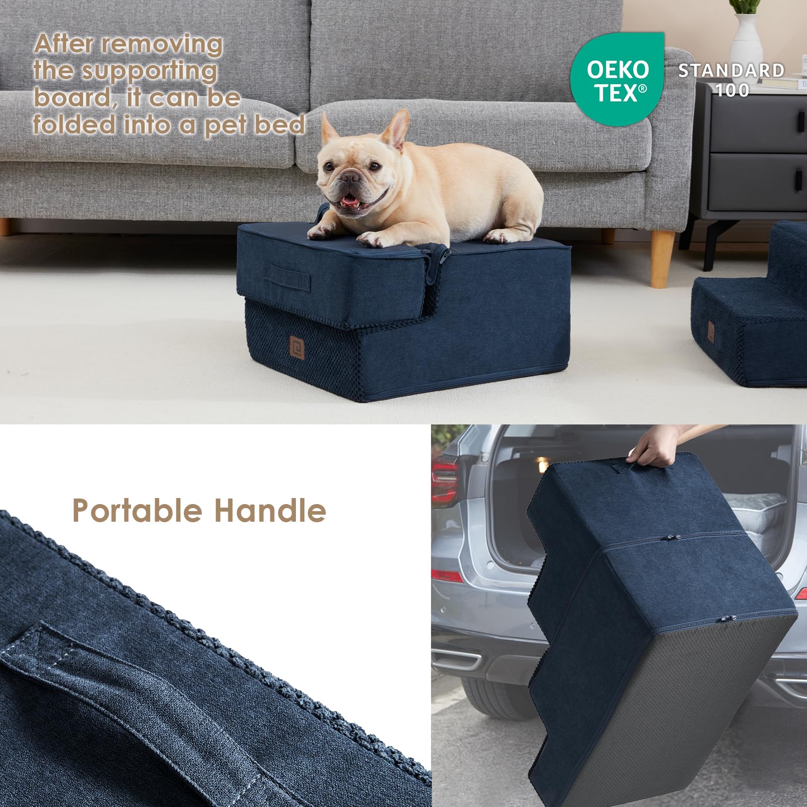 Eheyciga Dog Stairs For Small Dogs 13.5' H, 3-Step Dog Steps For Couch Sofa And Chair, Pet Steps For Small Dogs And Cats, Non-Slip Balanced Dog Indoor Ramp, Navy Blue