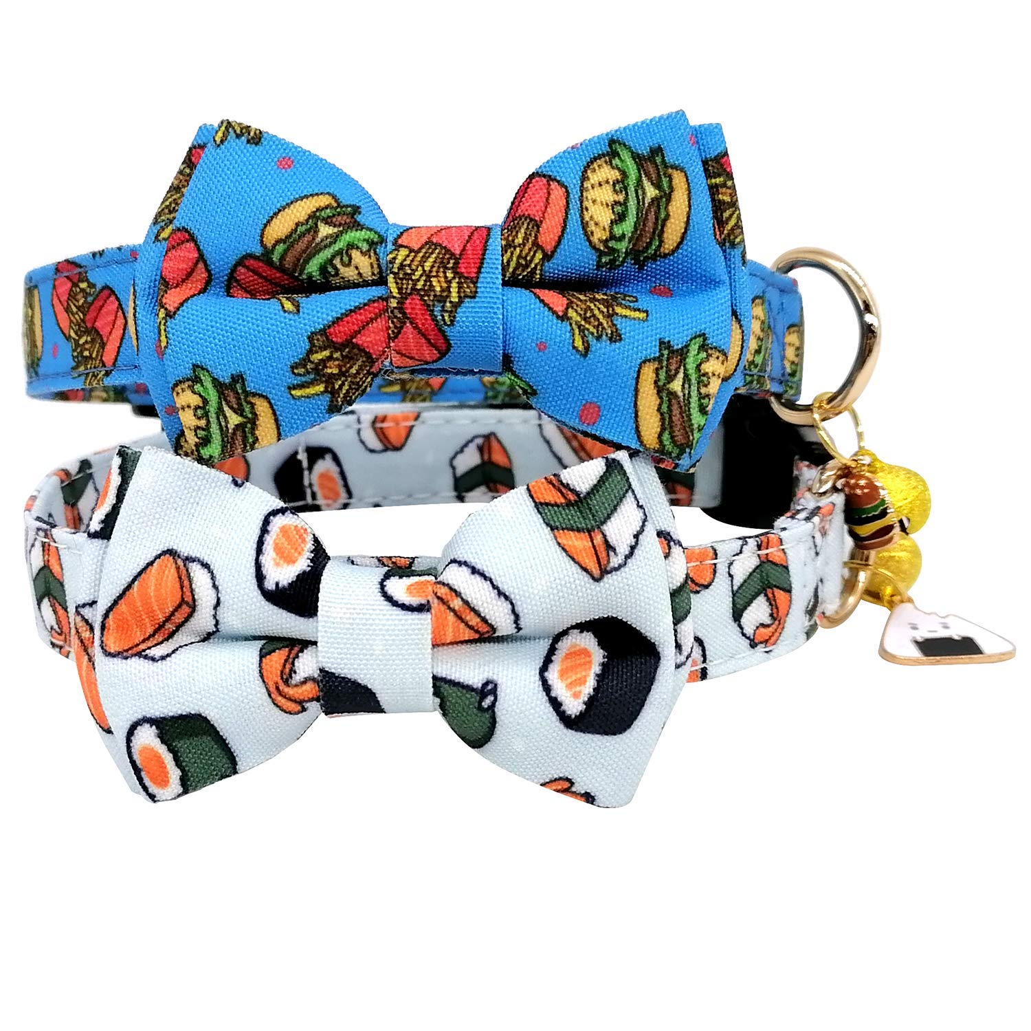 Kudes 2 Pack Print Dog Collars With Bow Tie, Adjustable Dog Collar With Bells And Charm Safety Buckle Cute Pet Collars For Small/Medium/Large Dogs And Cats Boys Girls (Hamburger+Sushi, S(10'-14'))