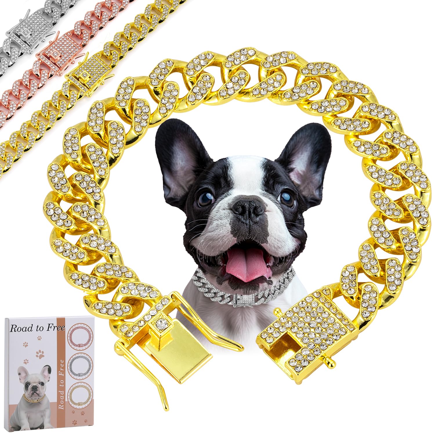 Gold Dog Chain Diamond Collar Walking Metal Chain Collar With Secure Buckle, Pet Cuban Style Collar Jewelry Accessories For Smal