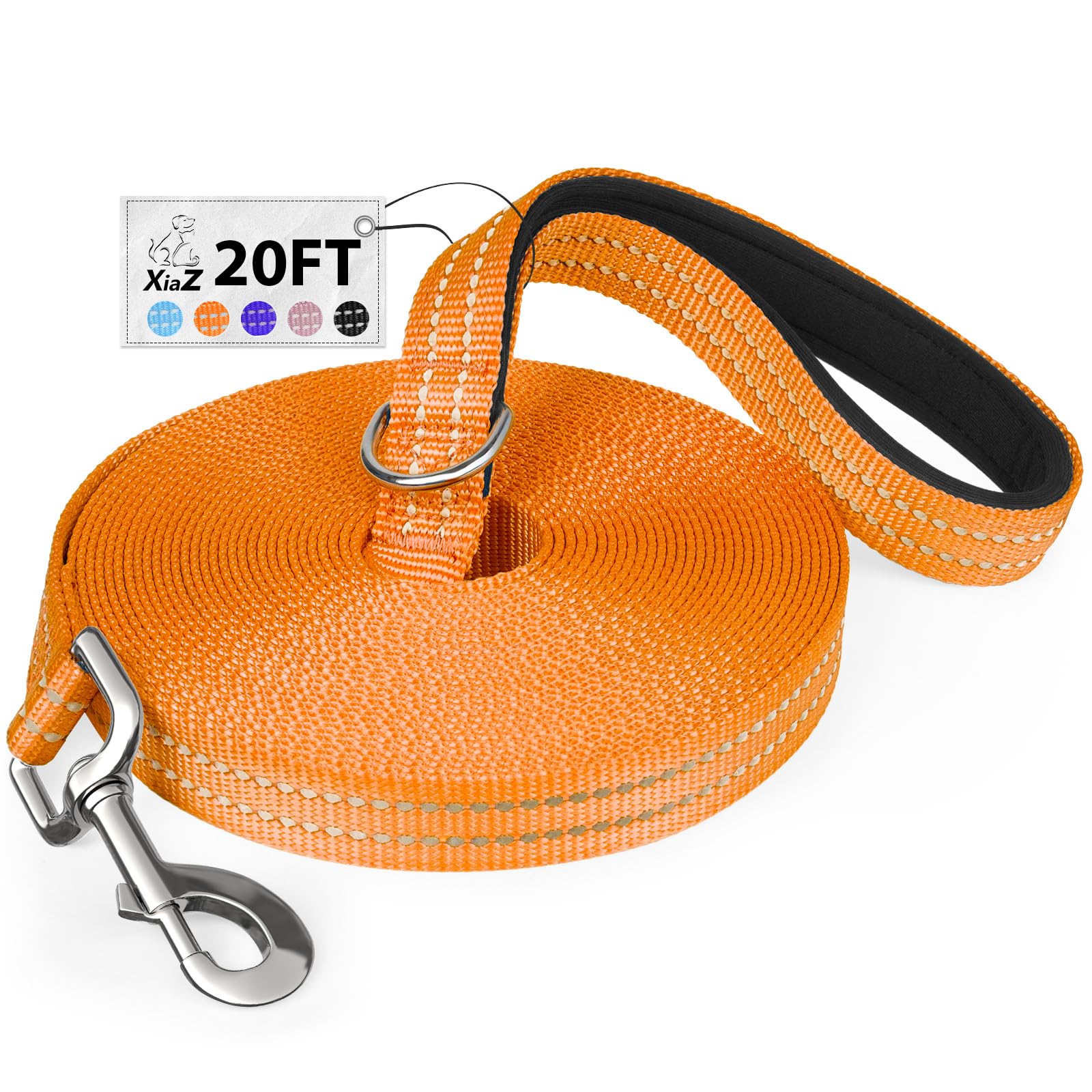 Xiaz 20 Feet Dog Training Leash, Nylon, Orange, Reflective, Padded Handle, 550 Lbs Bearing, Lightweight Suitable For Small, Medi
