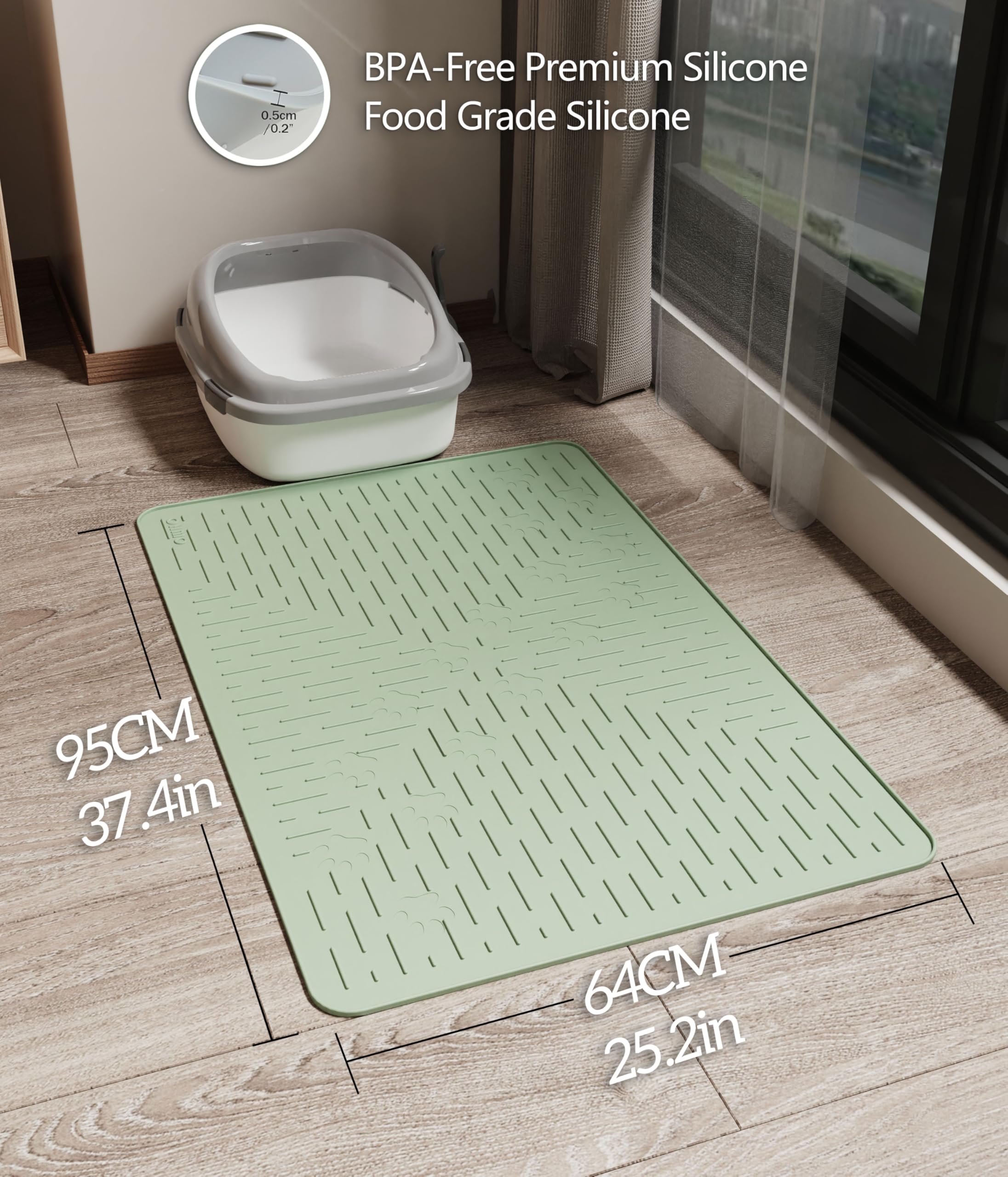 OHMO Cat Litter Mat XXL Trapping Mat Premium Silicone Rubber 37.5x25.2 Sage Green, Waterproof and BPA Free Kitty Litter Box Mat,