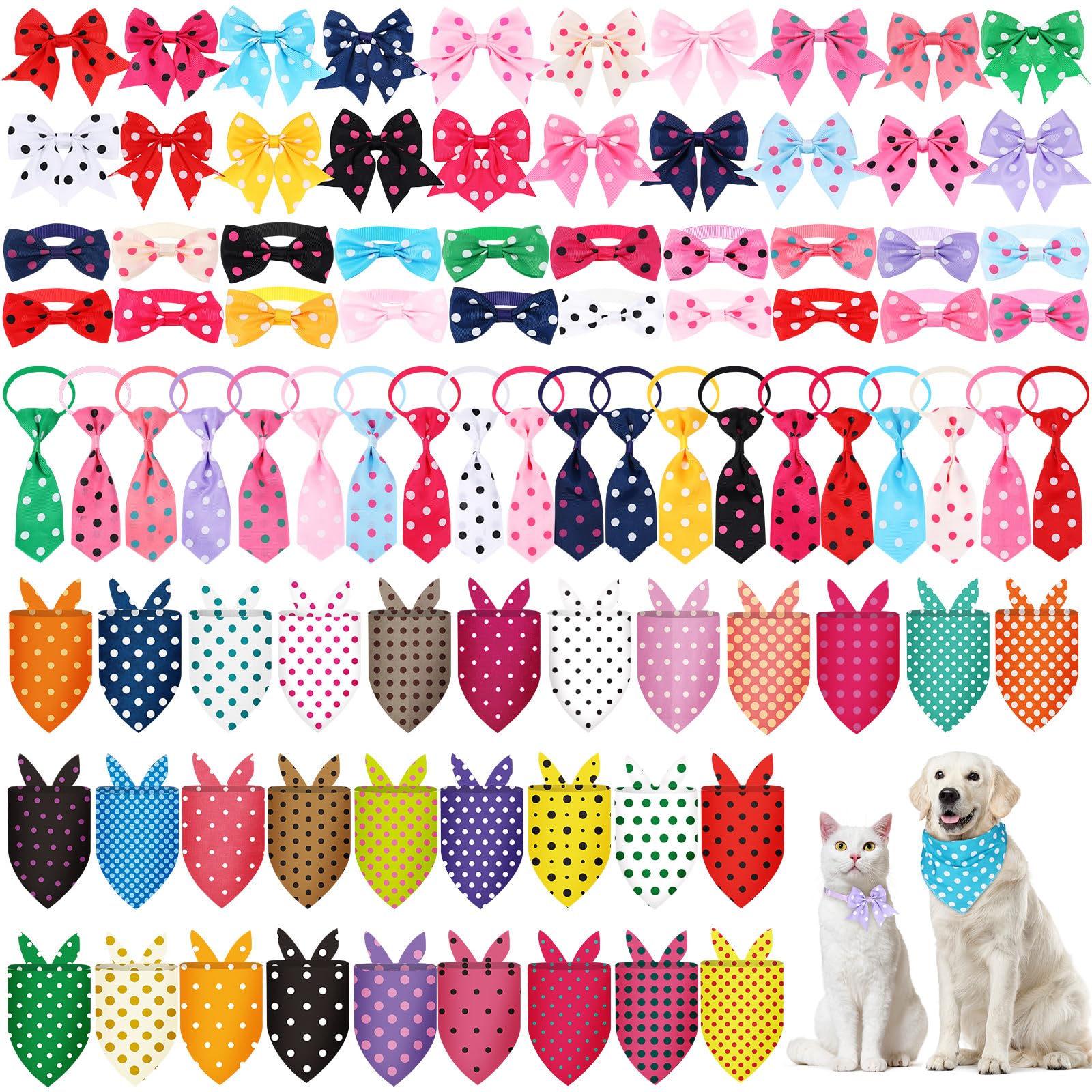 Reginary 120 Pcs Polka Dot Dog Bandanas Bulk Dog Bows Set Bow Ties Cat Scarf Colorful Washable Triangle Pet Kerchief Cute Bib Fo