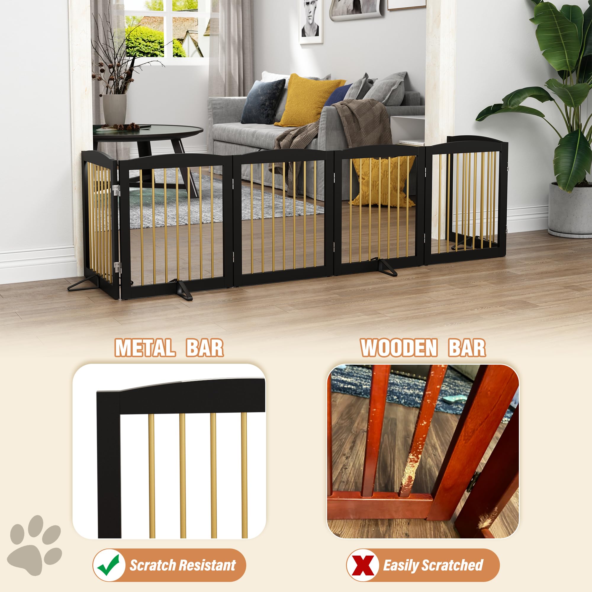 PUPETPO Freestanding Pet Gate for Dogs, Foldable Wooden Dog Gate for House, Extra Wide Indoor Pet Barrier for Stair, Doorway, Ha